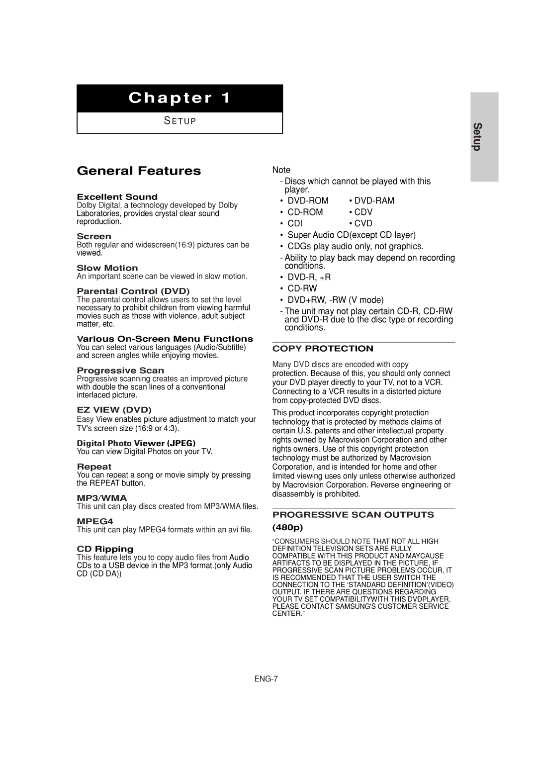 Samsung DVD-P380 manual General Features 