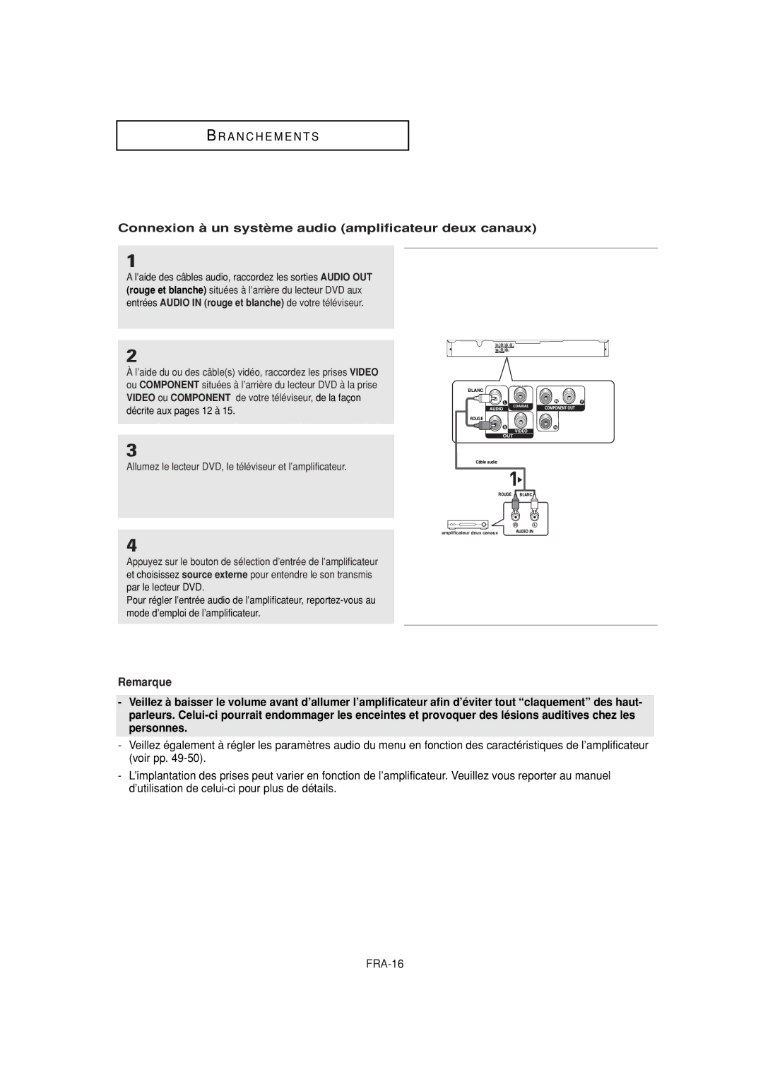 Samsung DVD-P380 manual Connexion à un système audio amplificateur deux canaux 