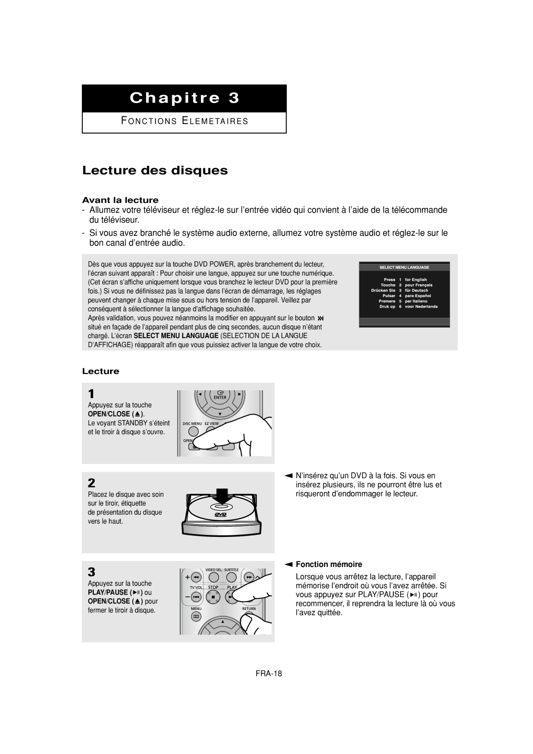 Samsung DVD-P380 manual Lecture des disques, Avant la lecture, Fonction mémoire, Appuyez sur la touche 