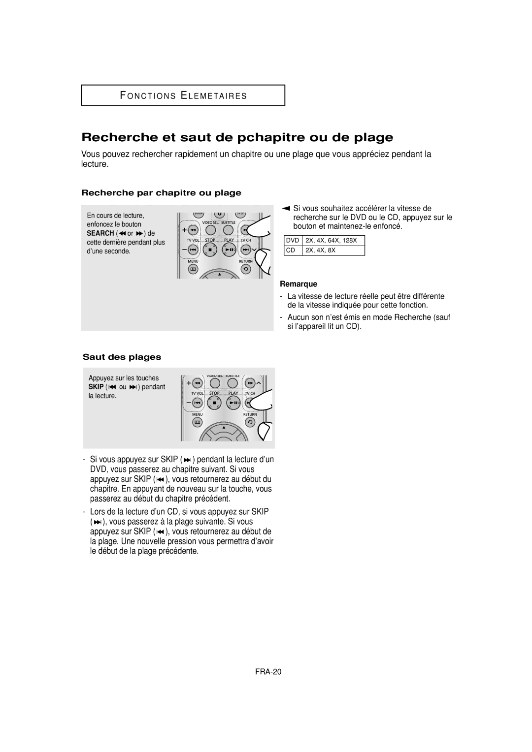 Samsung DVD-P380 manual Recherche et saut de pchapitre ou de plage, Recherche par chapitre ou plage, Saut des plages 