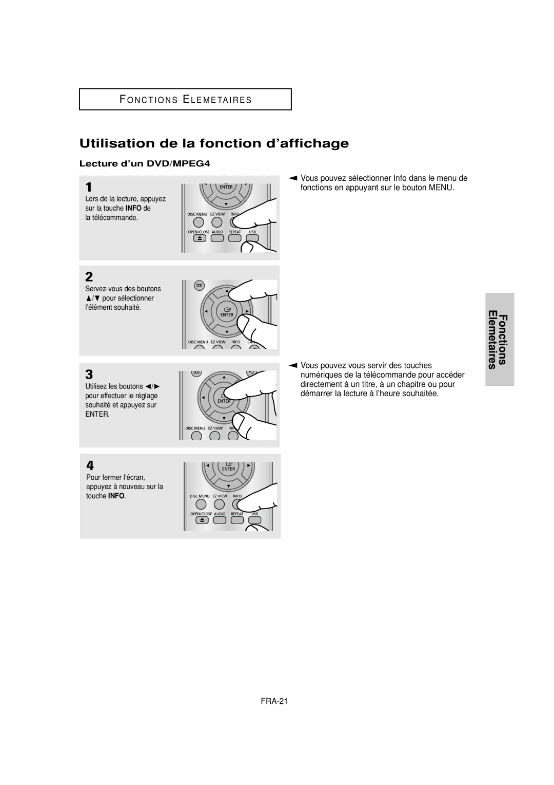 Samsung DVD-P380 manual Utilisation de la fonction d’affichage, Lecture d’un DVD/MPEG4, FRA-21, La télécommande 