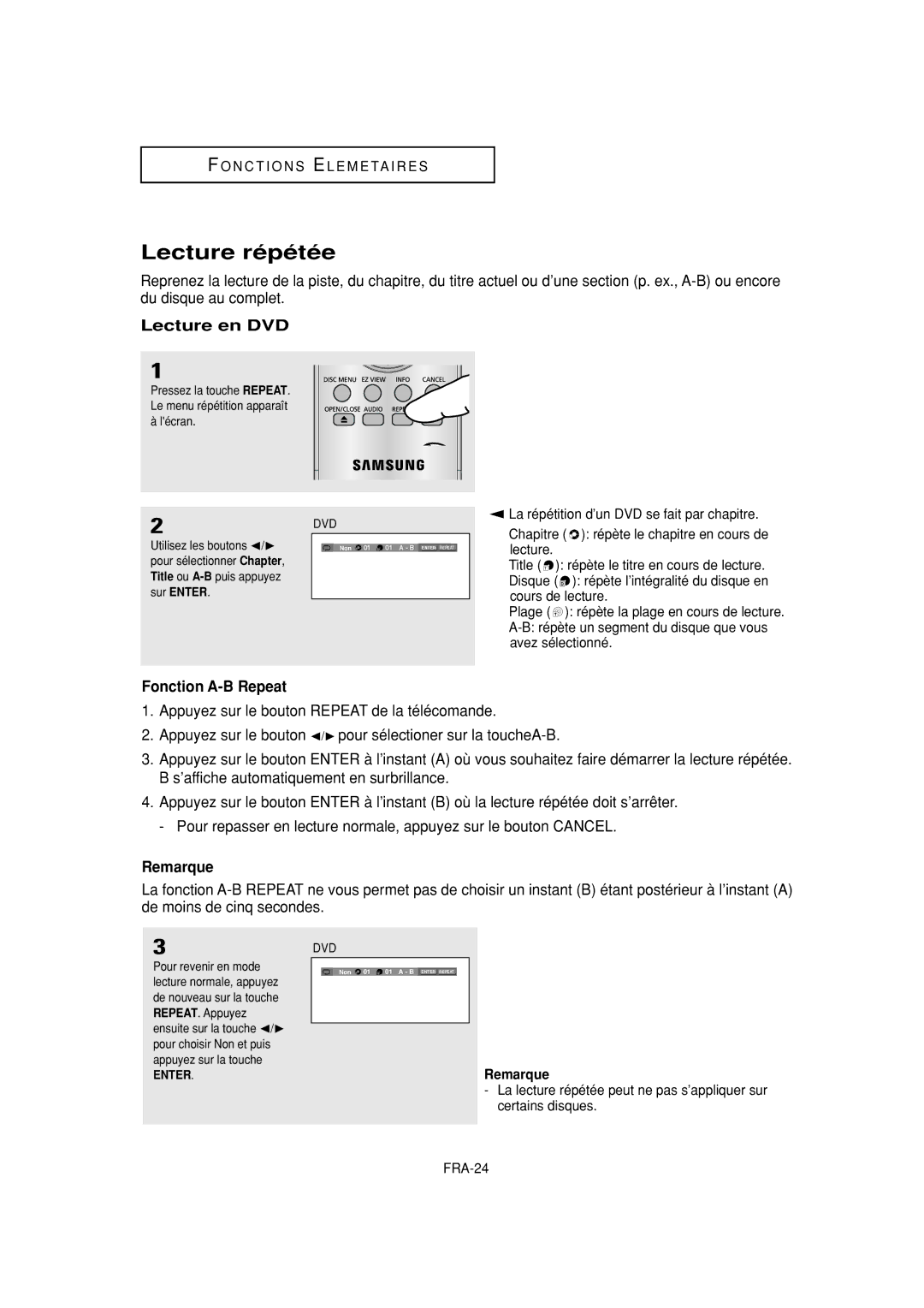 Samsung DVD-P380 manual Lecture répétée, Lecture en DVD, Fonction A-B Repeat, Utilisez les boutons / 