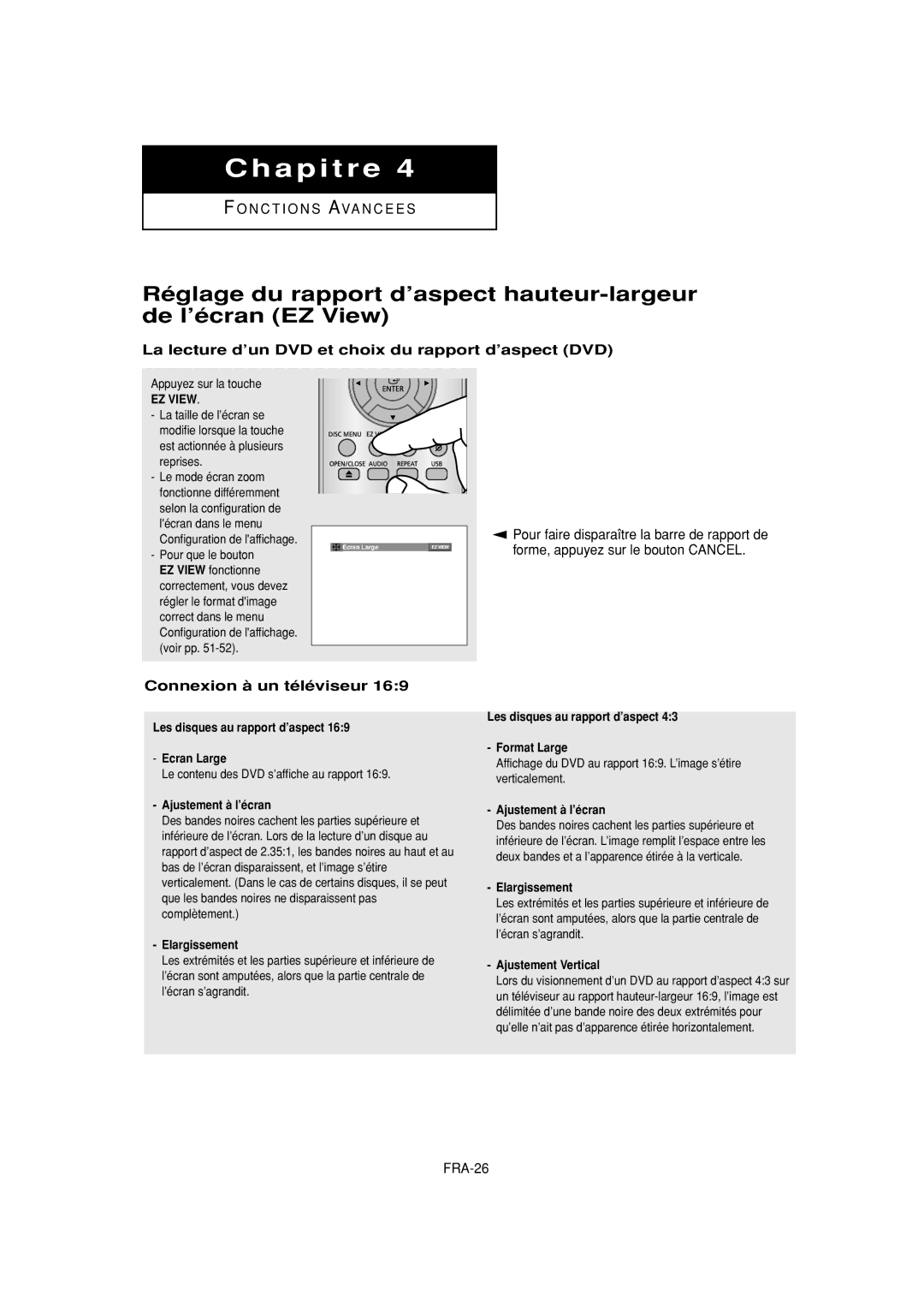 Samsung DVD-P380 manual La lecture d’un DVD et choix du rapport d’aspect DVD, Connexion à un téléviseur, FRA-26 