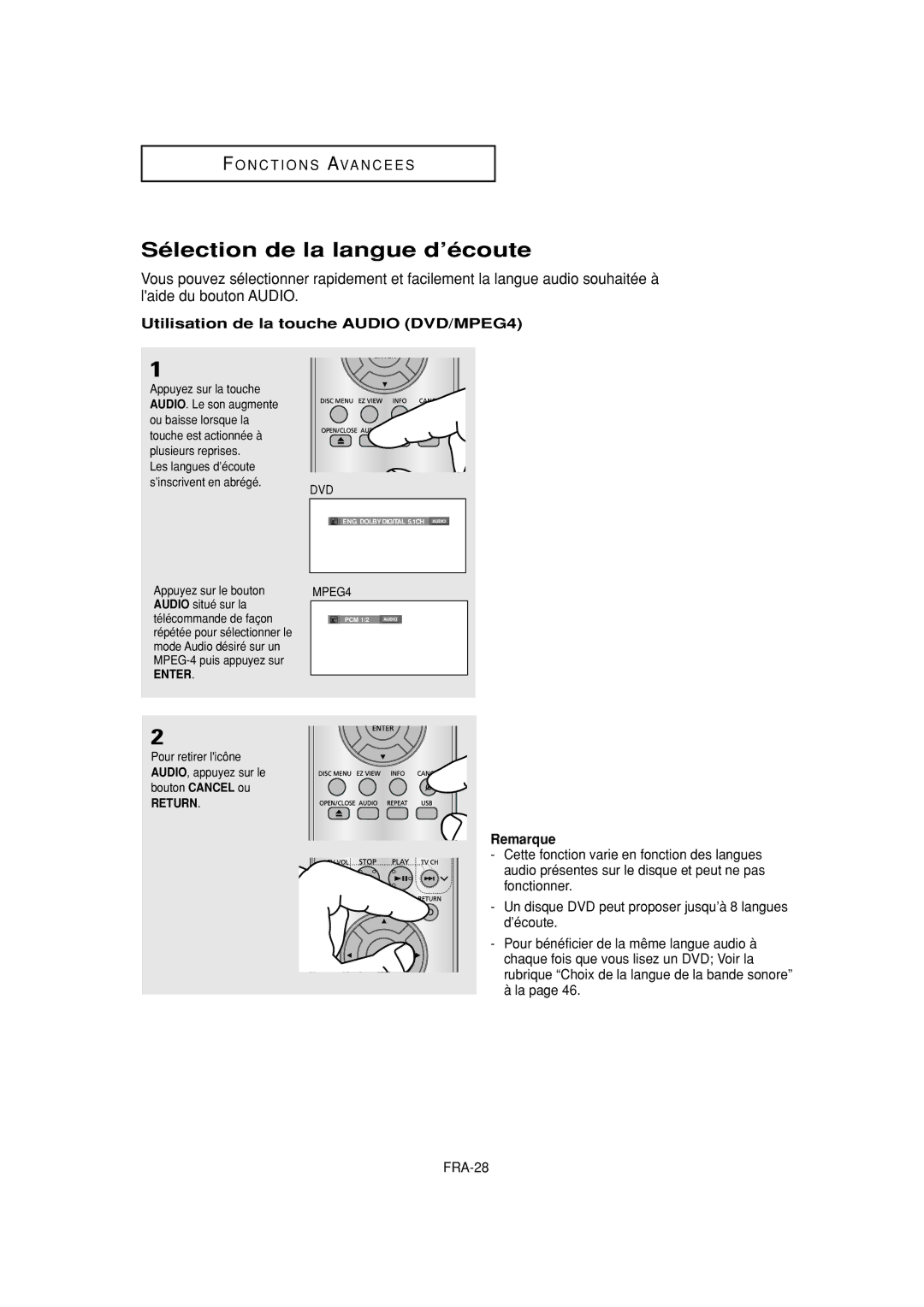 Samsung DVD-P380 manual Sélection de la langue d’écoute, Utilisation de la touche Audio DVD/MPEG4 