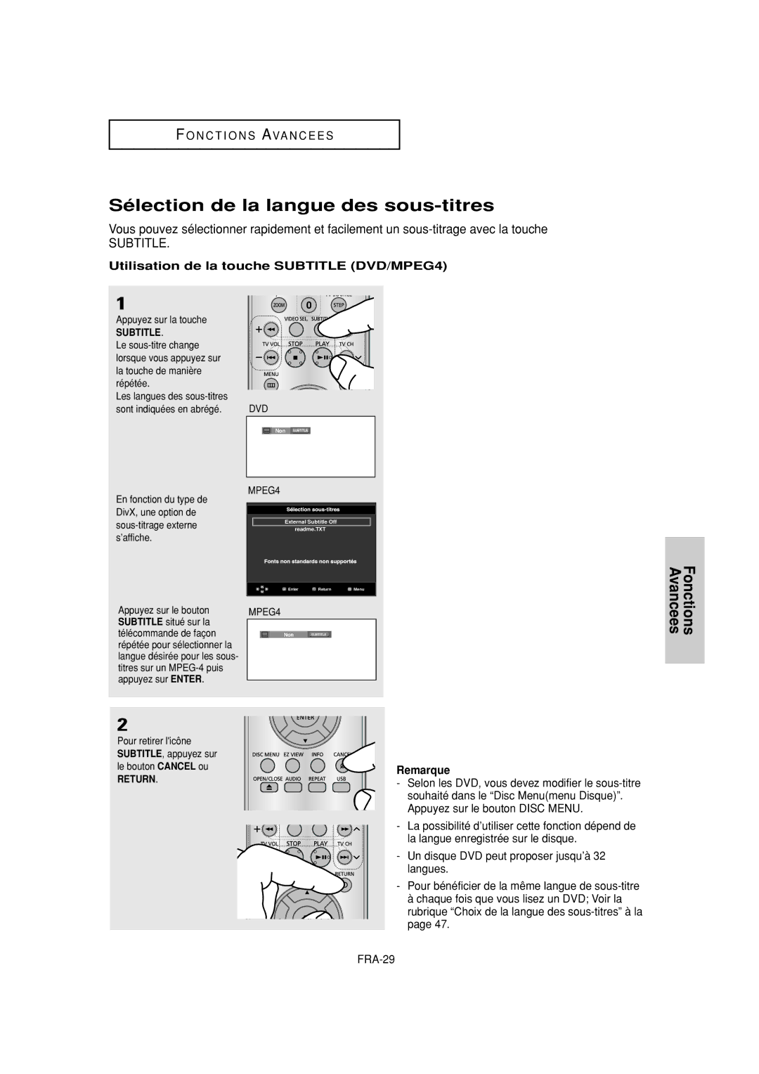 Samsung DVD-P380 manual Sélection de la langue des sous-titres, Utilisation de la touche Subtitle DVD/MPEG4 