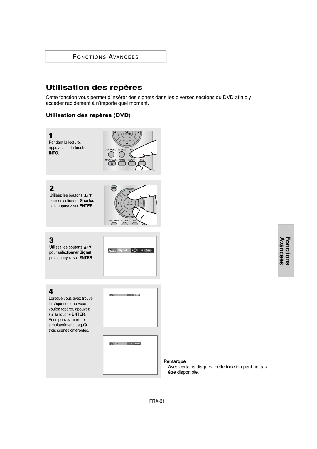 Samsung DVD-P380 manual Utilisation des repères DVD, FRA-31 