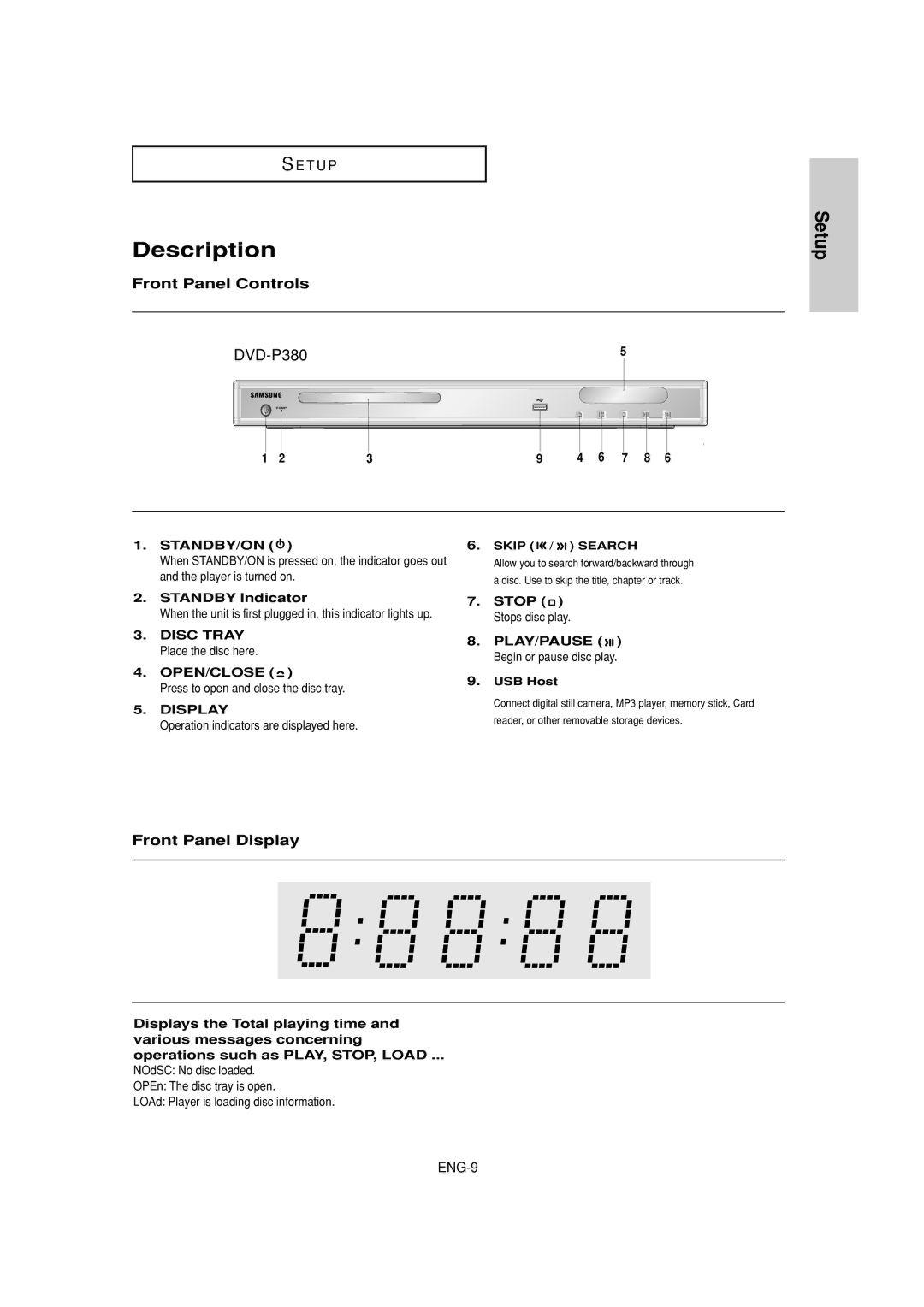 Samsung DVD-P380 manual Description, Front Panel Controls, Front Panel Display 