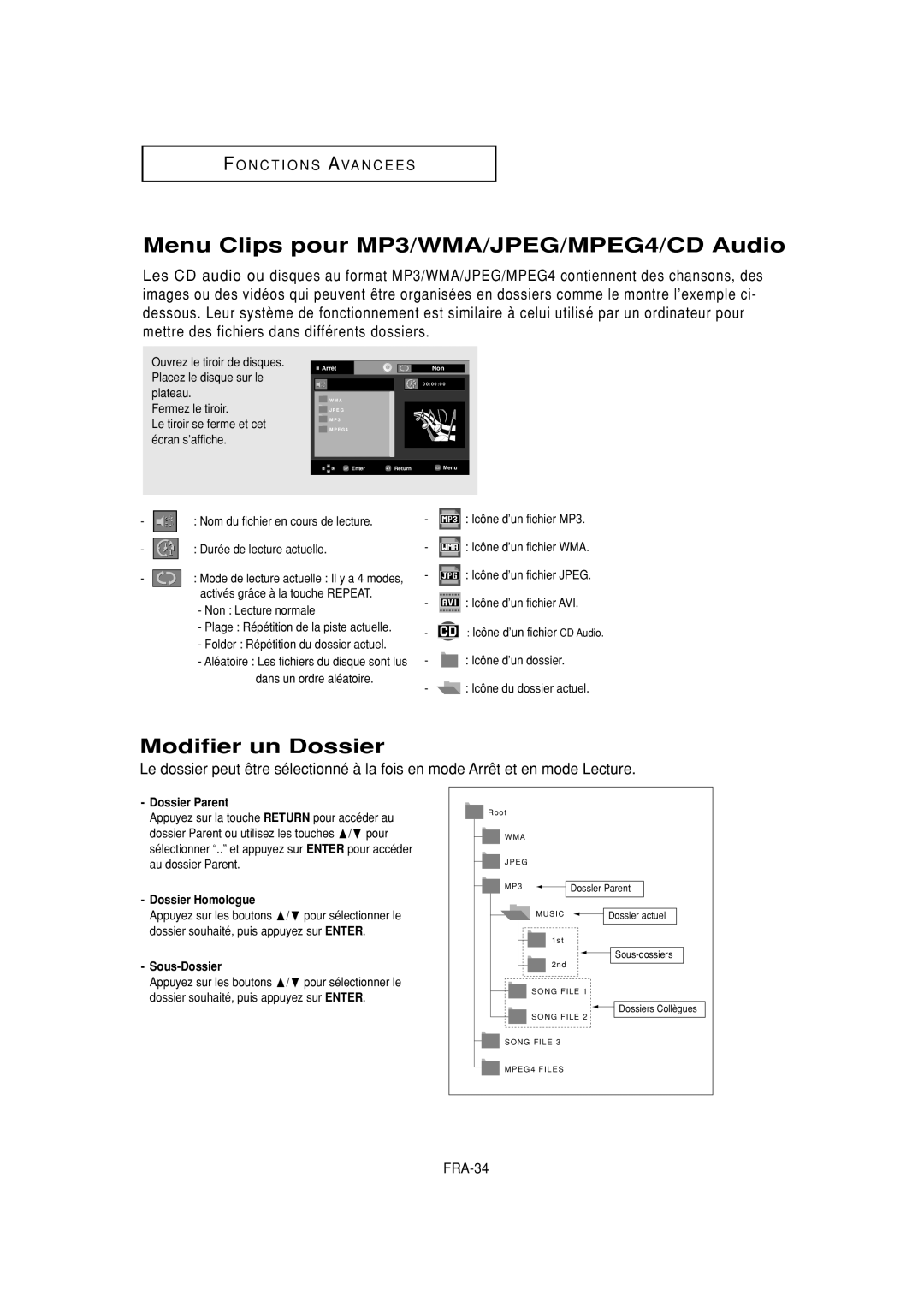 Samsung DVD-P380 manual Menu Clips pour MP3/WMA/JPEG/MPEG4/CD Audio, Modifier un Dossier, FRA-34 