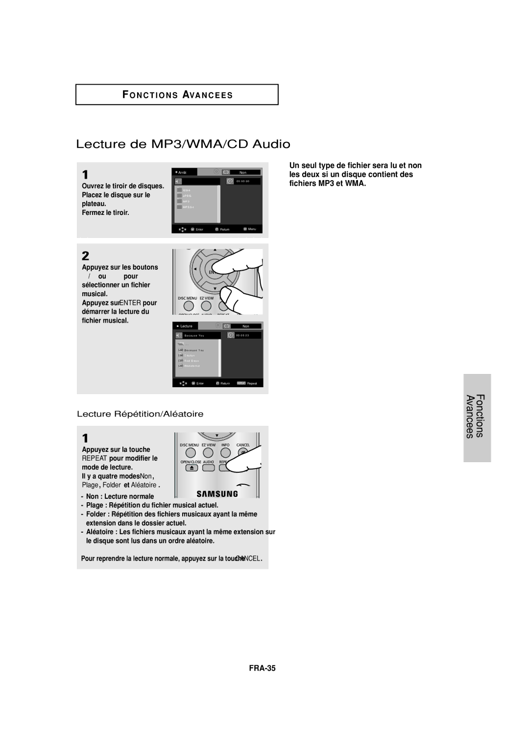 Samsung DVD-P380 manual Lecture de MP3/WMA/CD Audio, Lecture Répétition/Aléatoire, FRA-35, Plage, Folder et Aléatoire 