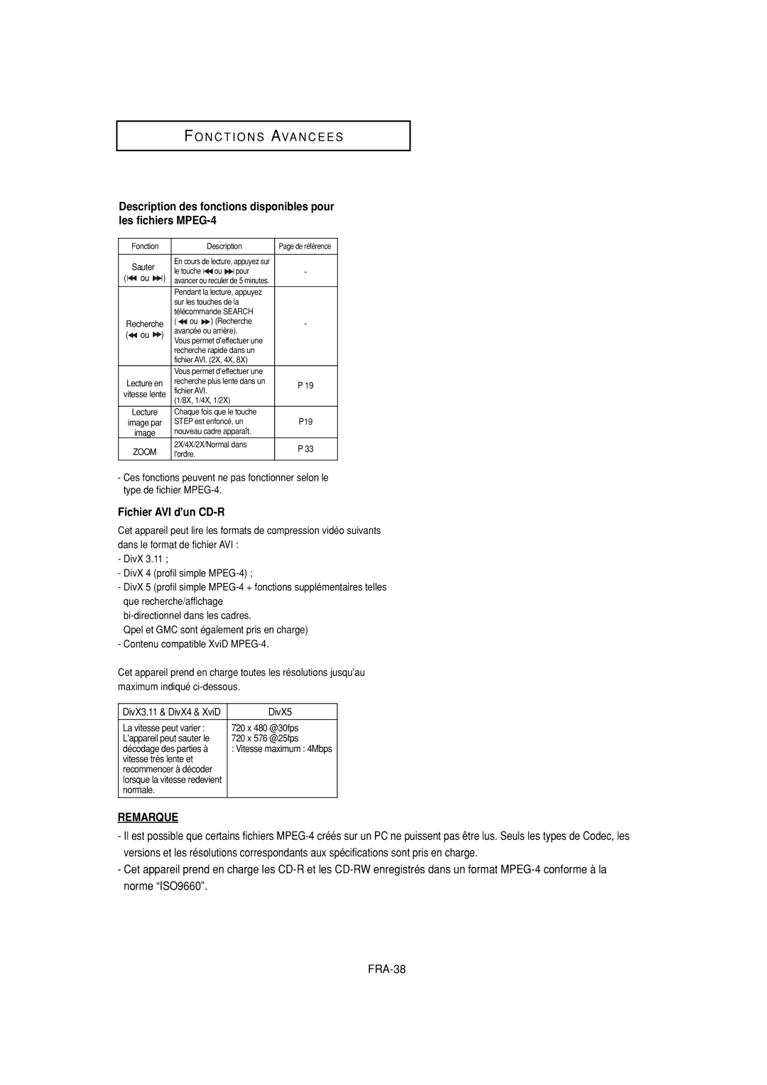 Samsung DVD-P380 manual Fichier AVI dun CD-R, Remarque 