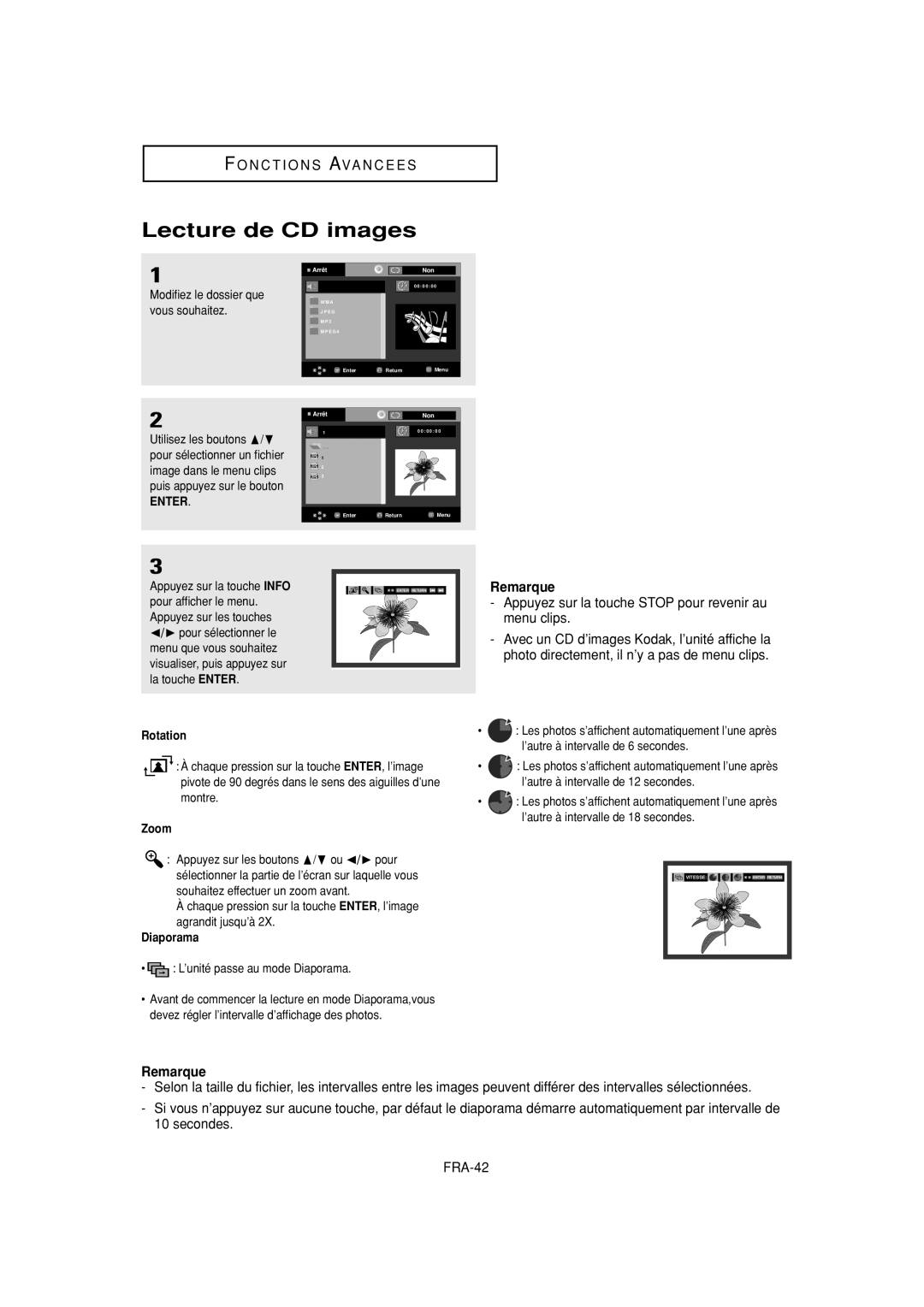 Samsung DVD-P380 manual Lecture de CD images, Appuyez sur la touche Stop pour revenir au, Menu clips, Diaporama 