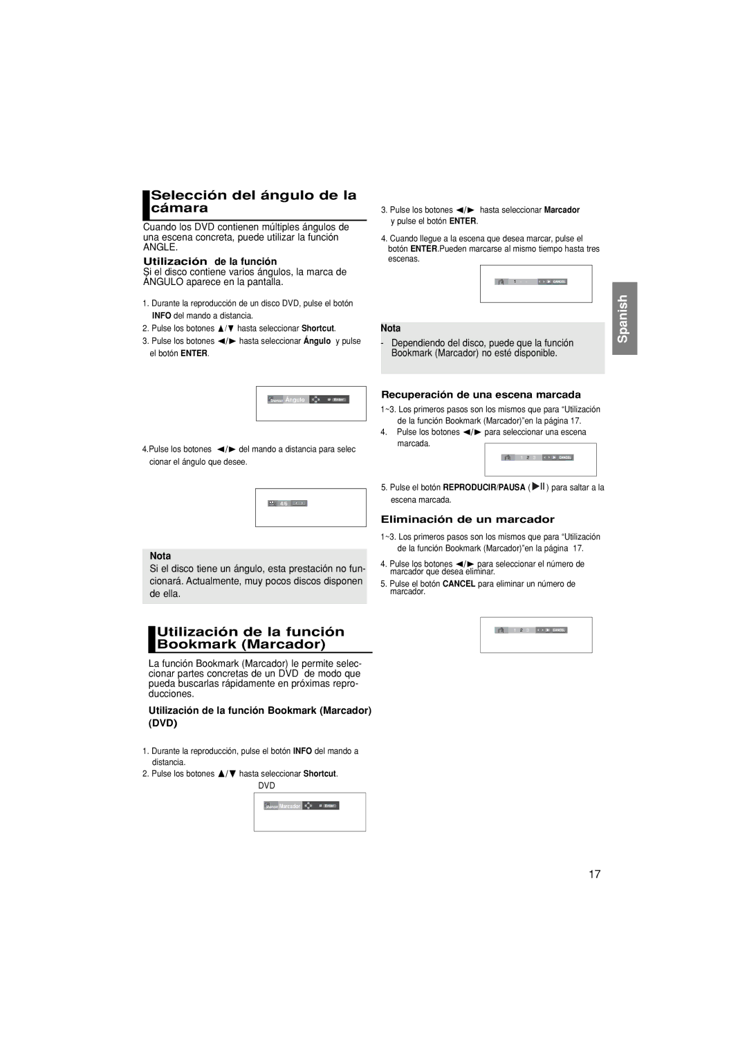 Samsung DVD-P380/XEC, DVD-P380/EDC manual Selección del ángulo de la cámara, Utilización de la función Bookmark Marcador 