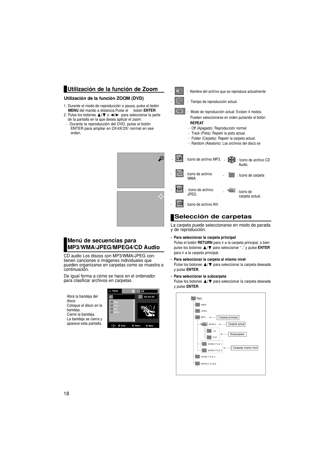 Samsung DVD-P380/EDC manual Utilización de la función de Zoom, Menú de secuencias para MP3/WMA/JPEG/MPEG4/CD Audio, Repeat 