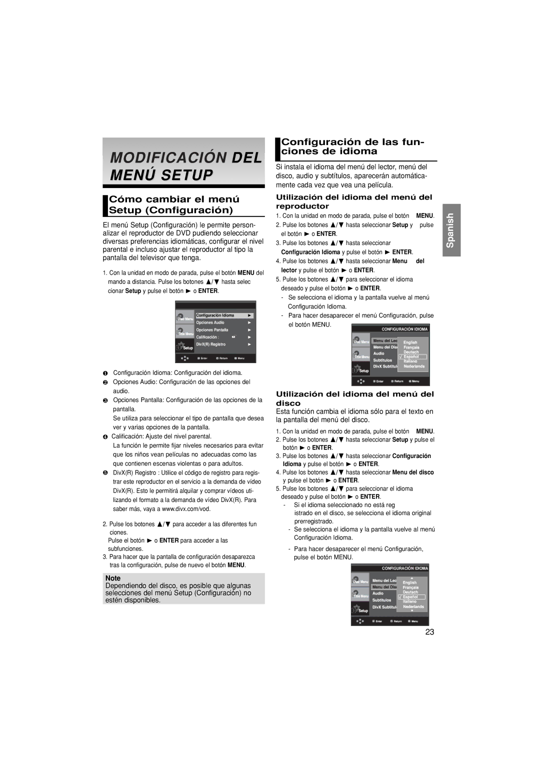 Samsung DVD-P380/XEC, DVD-P380/EDC manual Modificación DEL Menú Setup, Cómo cambiar el menú Setup Configuración 