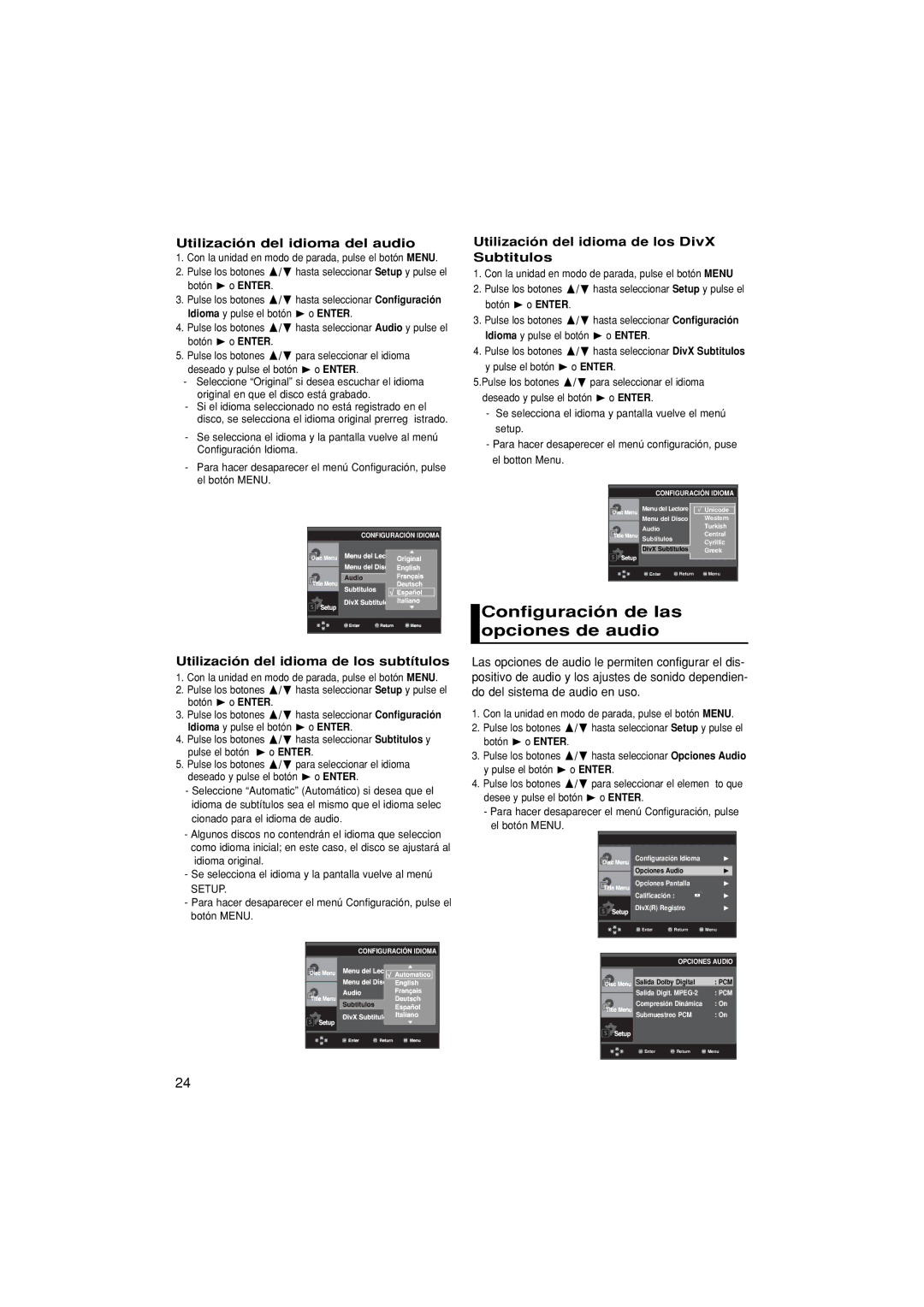 Samsung DVD-P380/EDC, DVD-P380/XEC manual Configuración de las opciones de audio, Utilización del idioma del audio 