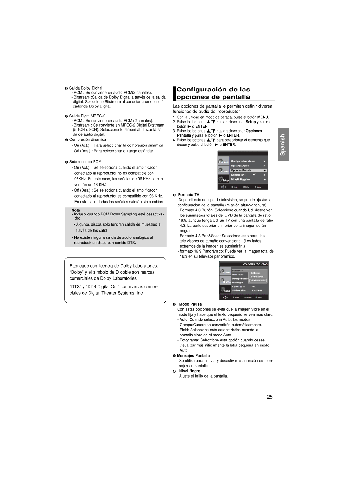 Samsung DVD-P380/XEC manual Configuración de las opciones de pantalla, ❶ Formato TV, ❷ Modo Pausa, ❸ Mensajes Pantalla 