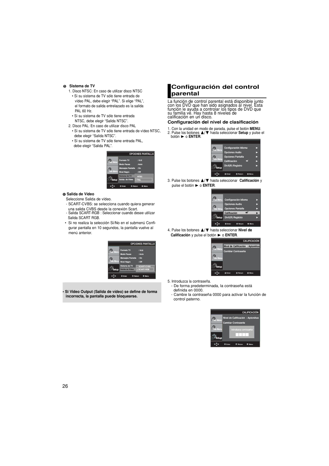 Samsung DVD-P380/EDC manual Configuración del control parental, Configuración del nivel de clasificación, ❺ Sistema de TV 