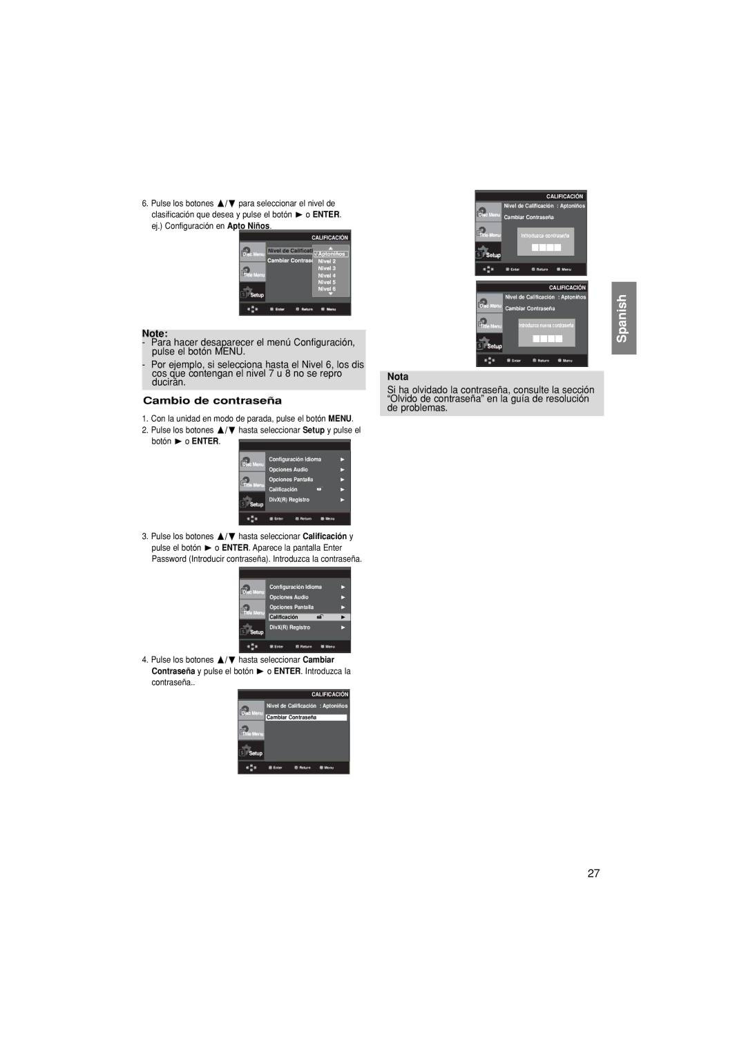 Samsung DVD-P380/XEC, DVD-P380/EDC manual Cambio de contraseña, Nota 