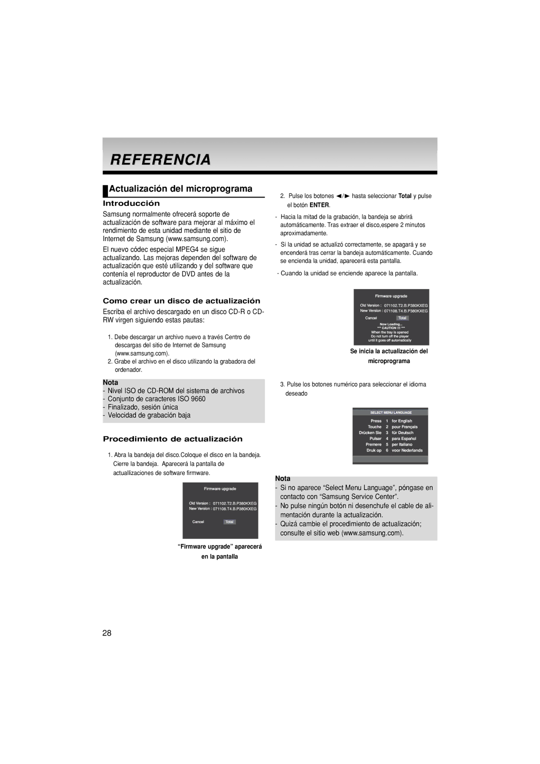 Samsung DVD-P380/EDC manual Referencia, Actualización del microprograma, Introducción, Como crear un disco de actualización 