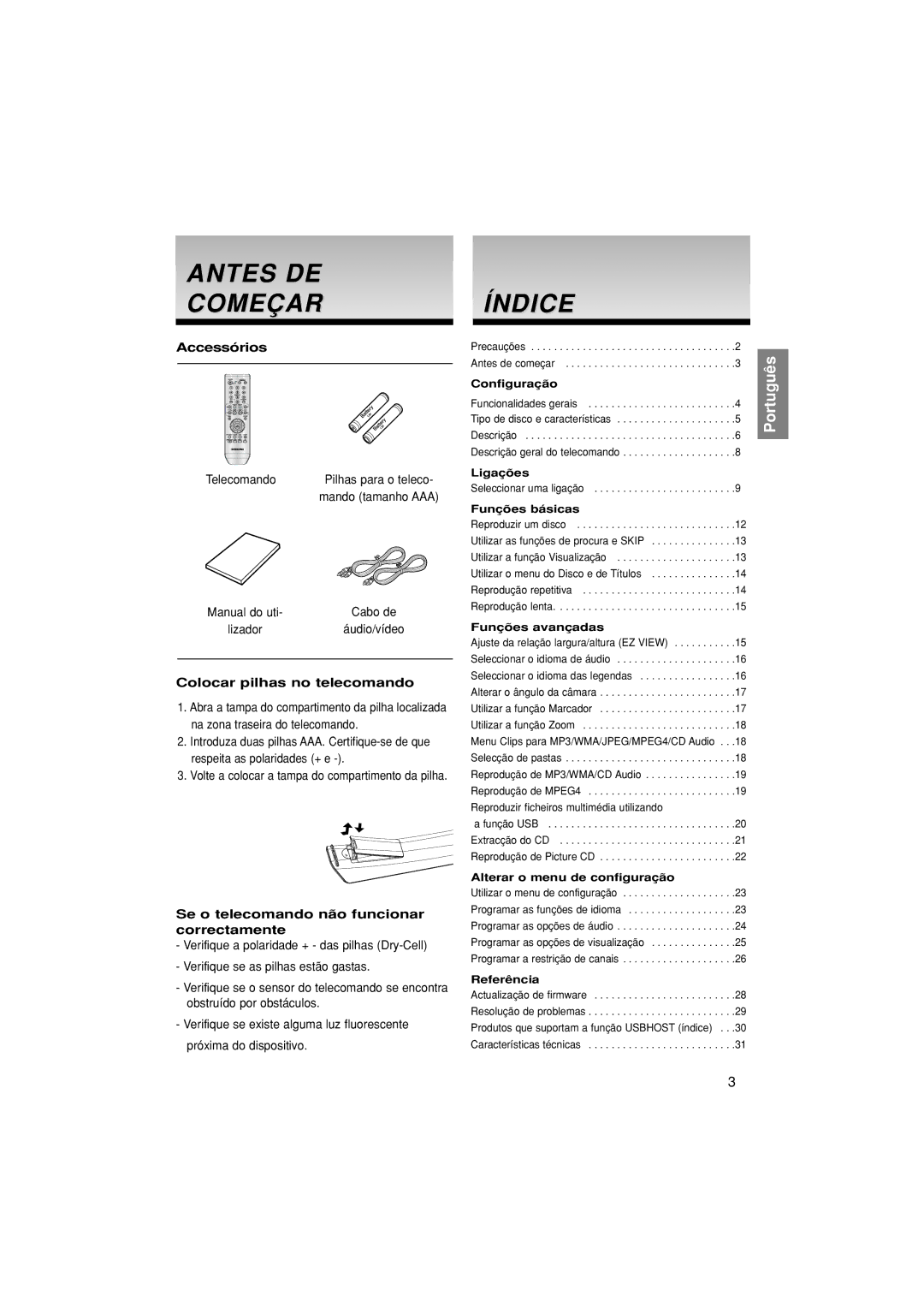 Samsung DVD-P380/XEC, DVD-P380/EDC manual Antes DE Começar, Índice, Accessórios, Colocar pilhas no telecomando 