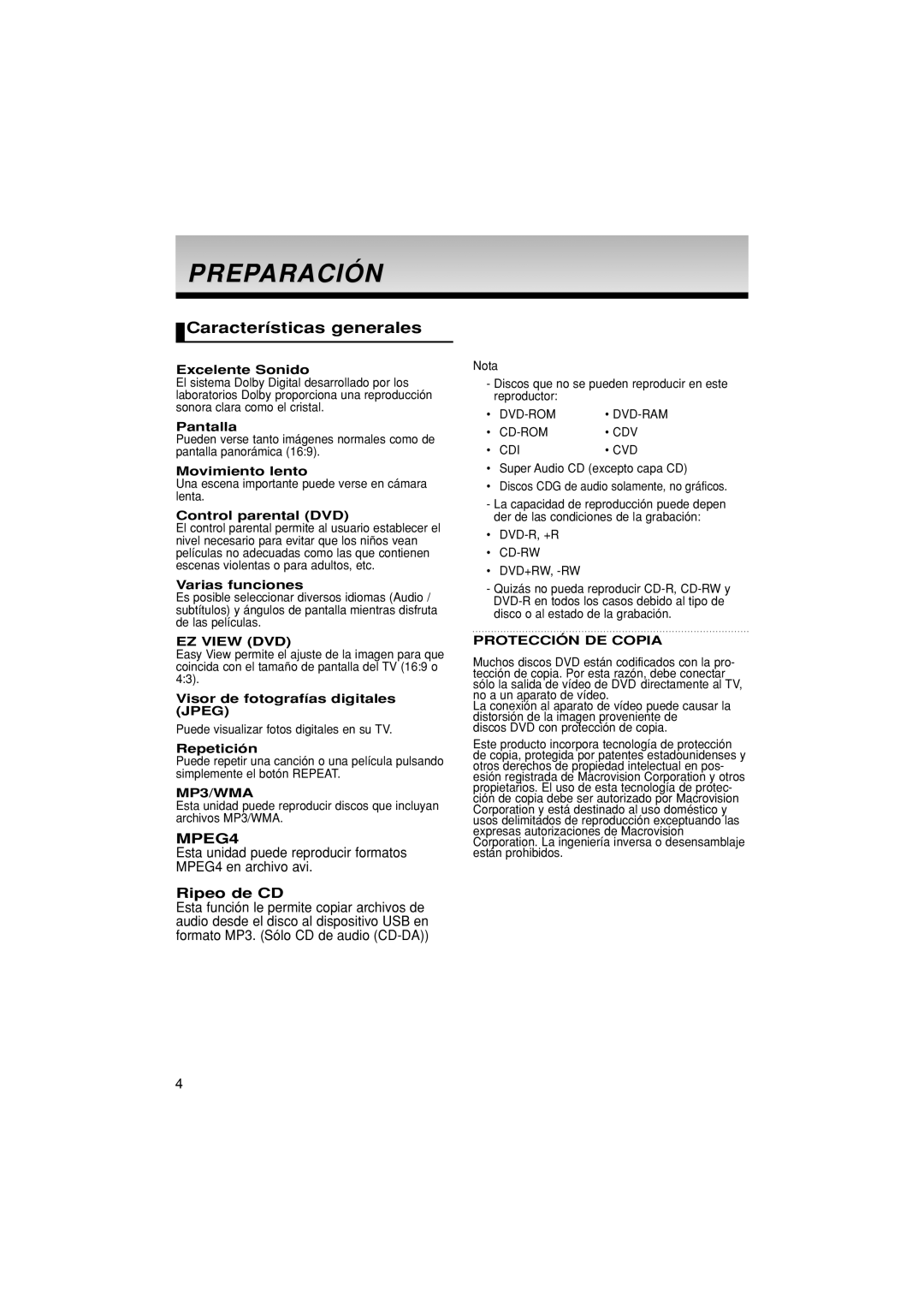 Samsung DVD-P380/EDC, DVD-P380/XEC manual Preparación, Características generales 