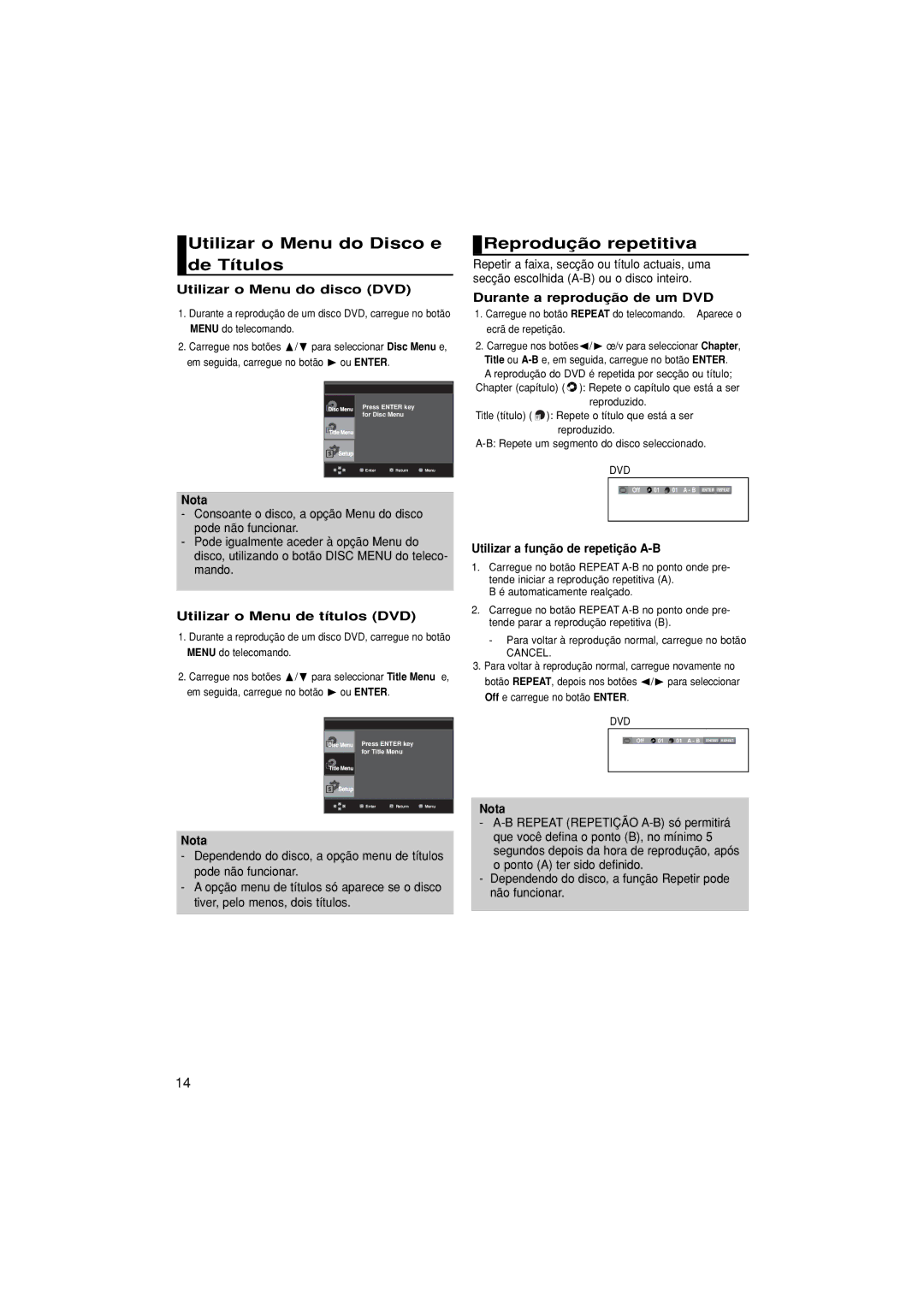 Samsung DVD-P380/EDC, DVD-P380/XEC manual Utilizar o Menu do Disco e de Títulos, Reprodução repetitiva 