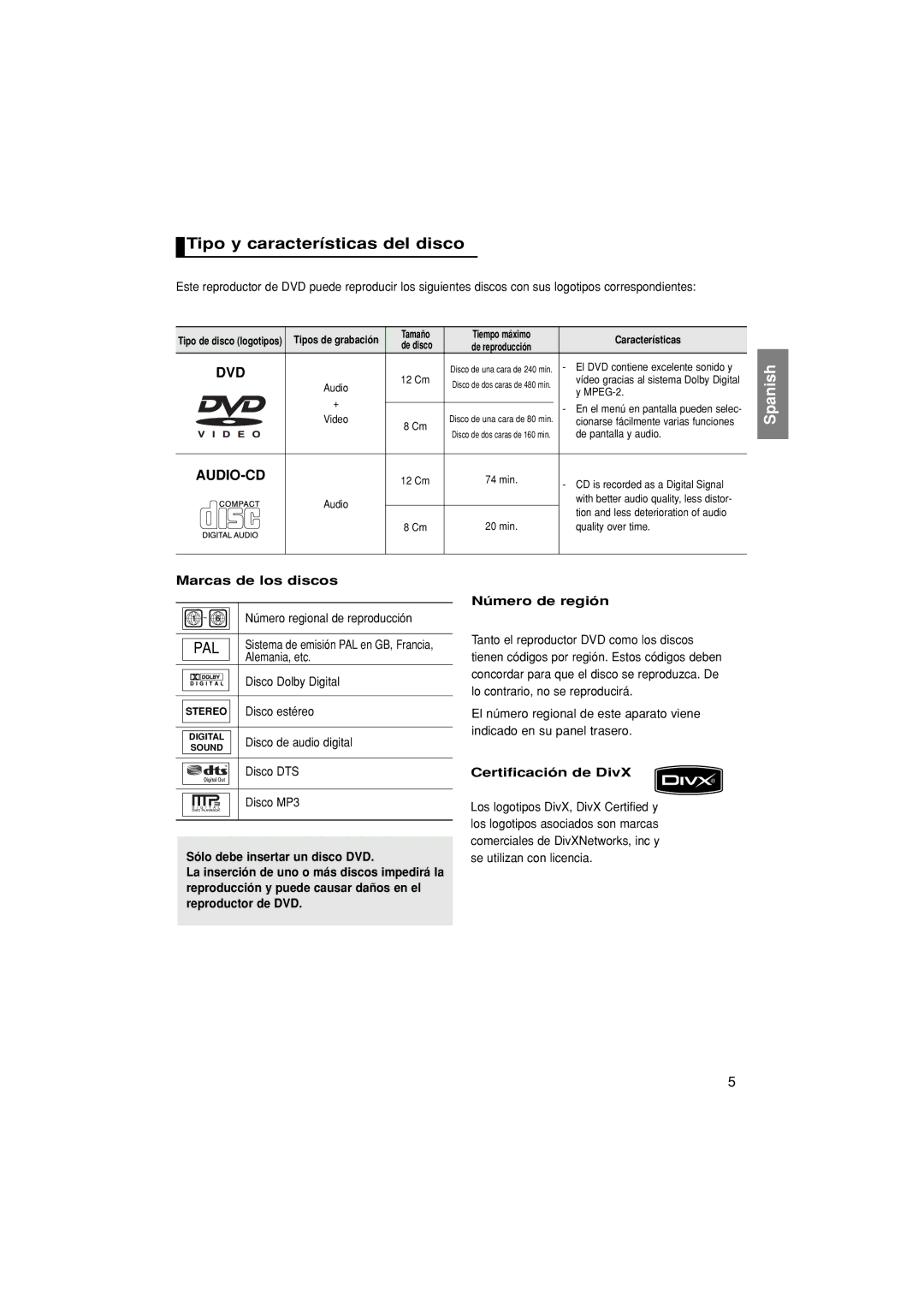 Samsung DVD-P380/XEC, DVD-P380/EDC manual Tipo y características del disco, Marcas de los discos, Certificación de DivX 