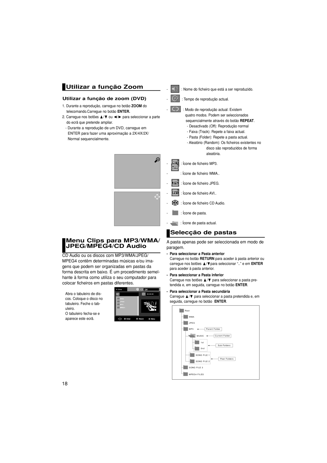 Samsung DVD-P380/EDC manual Utilizar a função Zoom, Menu Clips para MP3/WMA/ JPEG/MPEG4/CD Audio, Selecção de pastas 