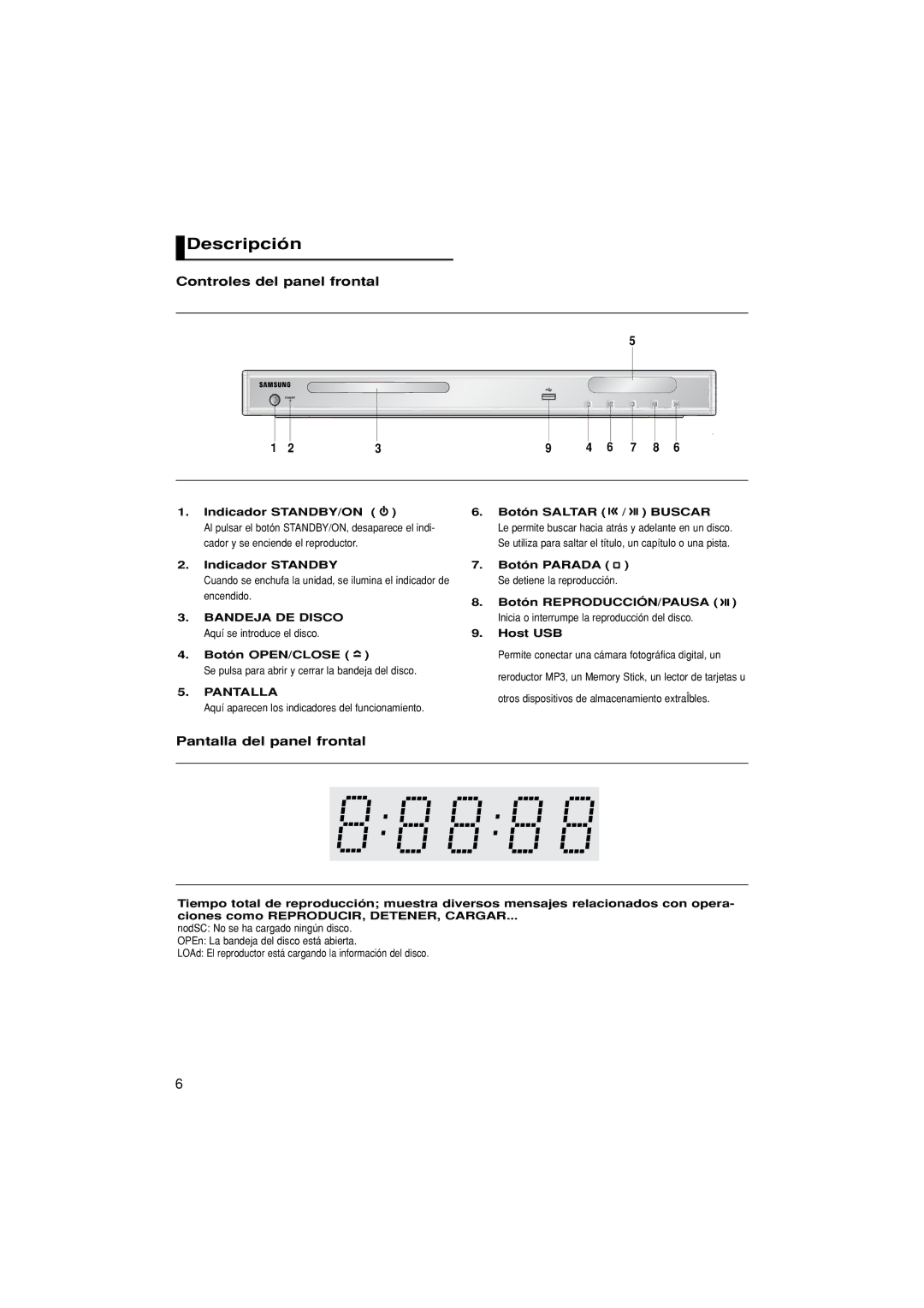 Samsung DVD-P380/EDC, DVD-P380/XEC manual Descripción, Controles del panel frontal, Pantalla del panel frontal 