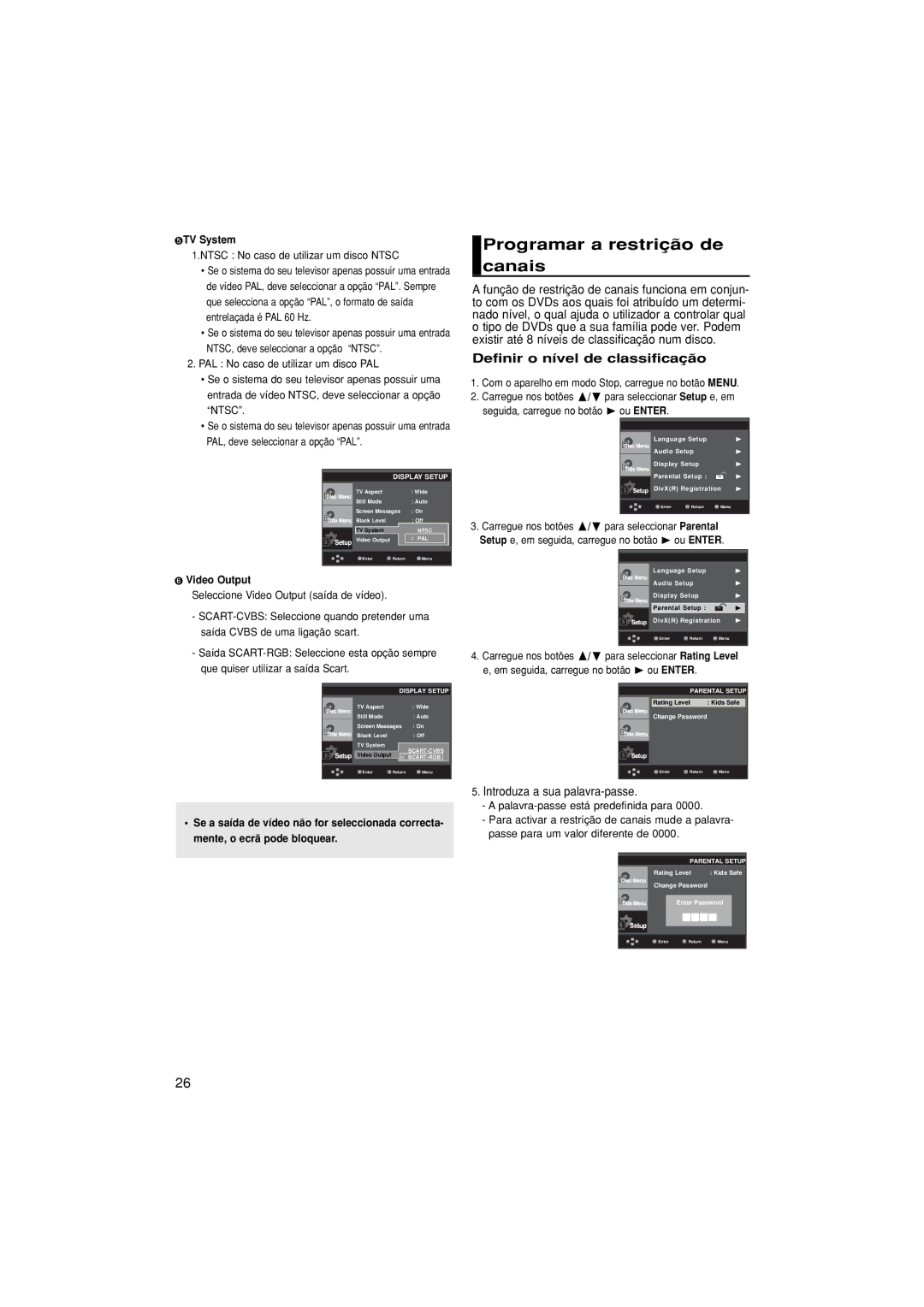 Samsung DVD-P380/EDC Programar a restrição de canais, Definir o nível de classificação, Introduza a sua palavra-passe 