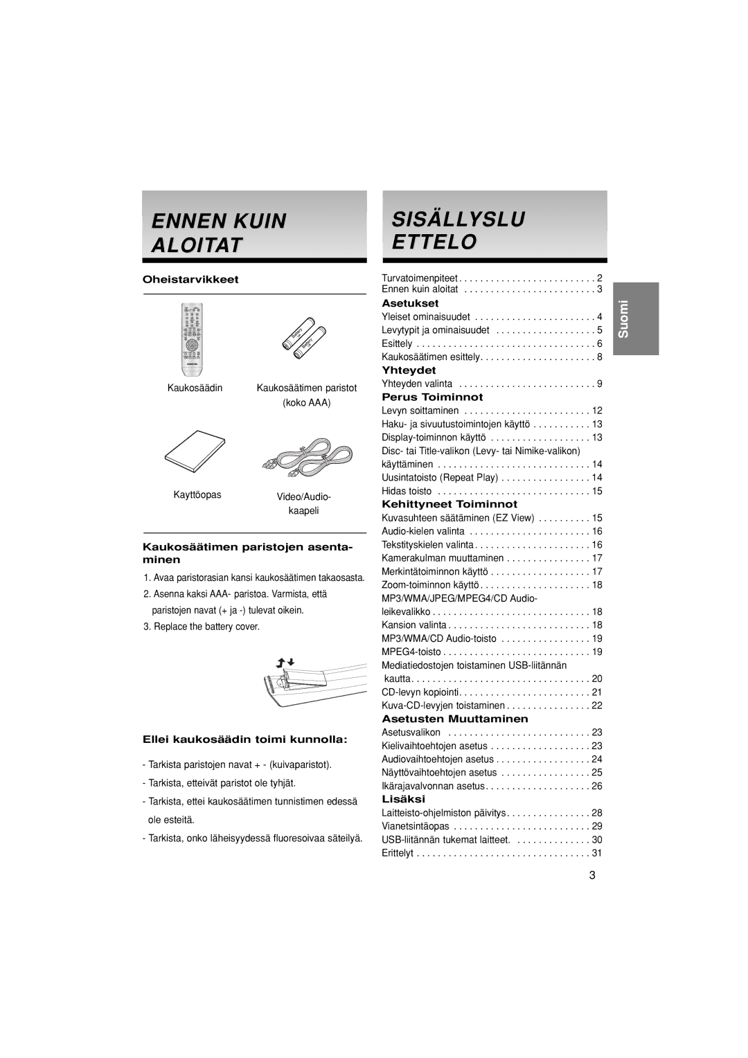 Samsung DVD-P380/XEE manual Ennen Kuin Aloitat, Sisällyslu Ettelo 