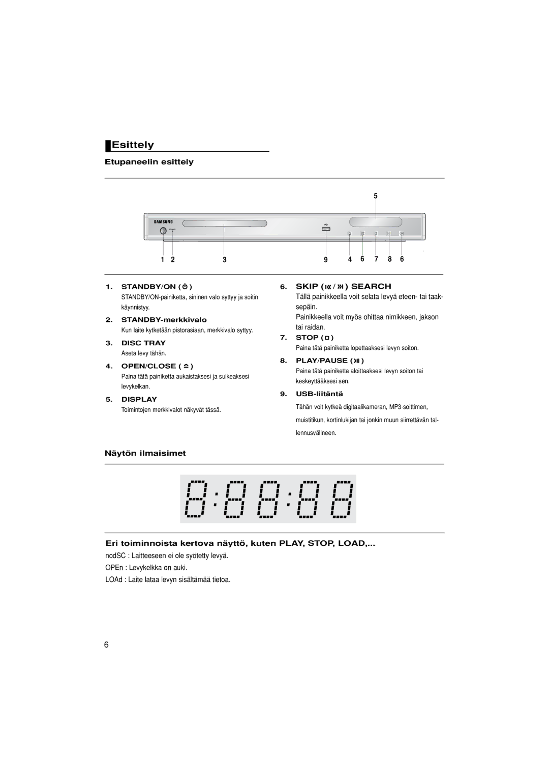 Samsung DVD-P380/XEE manual Esittely, Etupaneelin esittely, Skip / Search, STANDBY-merkkivalo, USB-liitäntä 