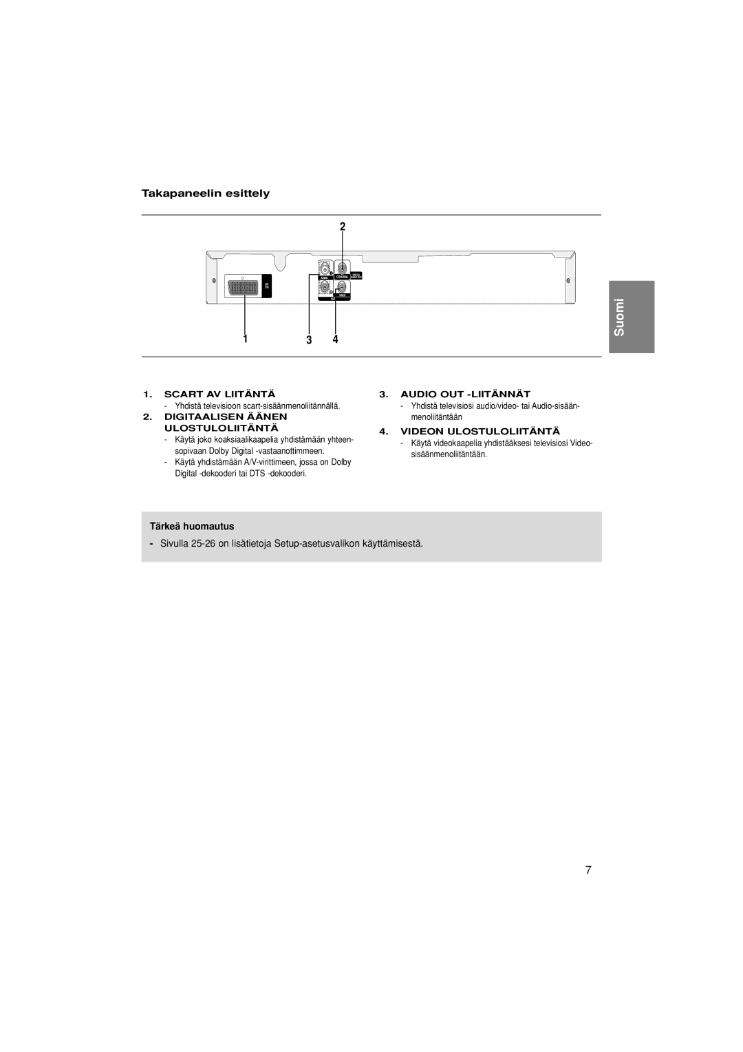 Samsung DVD-P380/XEE manual Takapaneelin esittely, Tärkeä huomautus, Yhdistä televisioon scart-sisäänmenoliitännällä 