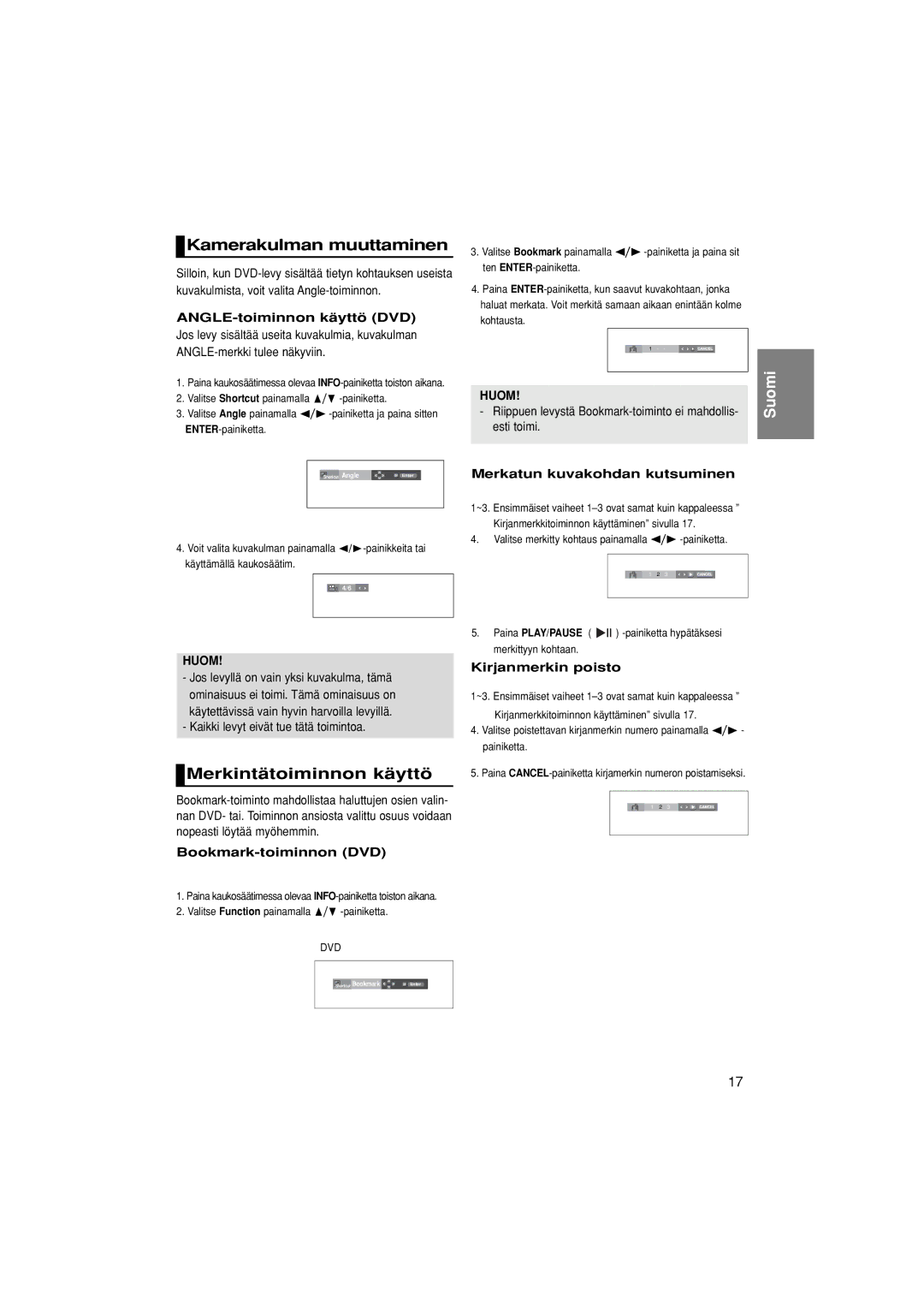 Samsung DVD-P380/XEE manual Kamerakulman muuttaminen, Merkintätoiminnon käyttö 