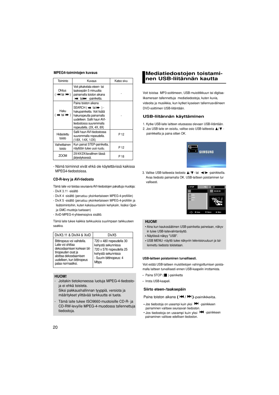 Samsung DVD-P380/XEE manual Mediatiedostojen toistami- nen USB-liitännän kautta, MPEG4-toimintojen kuvaus 