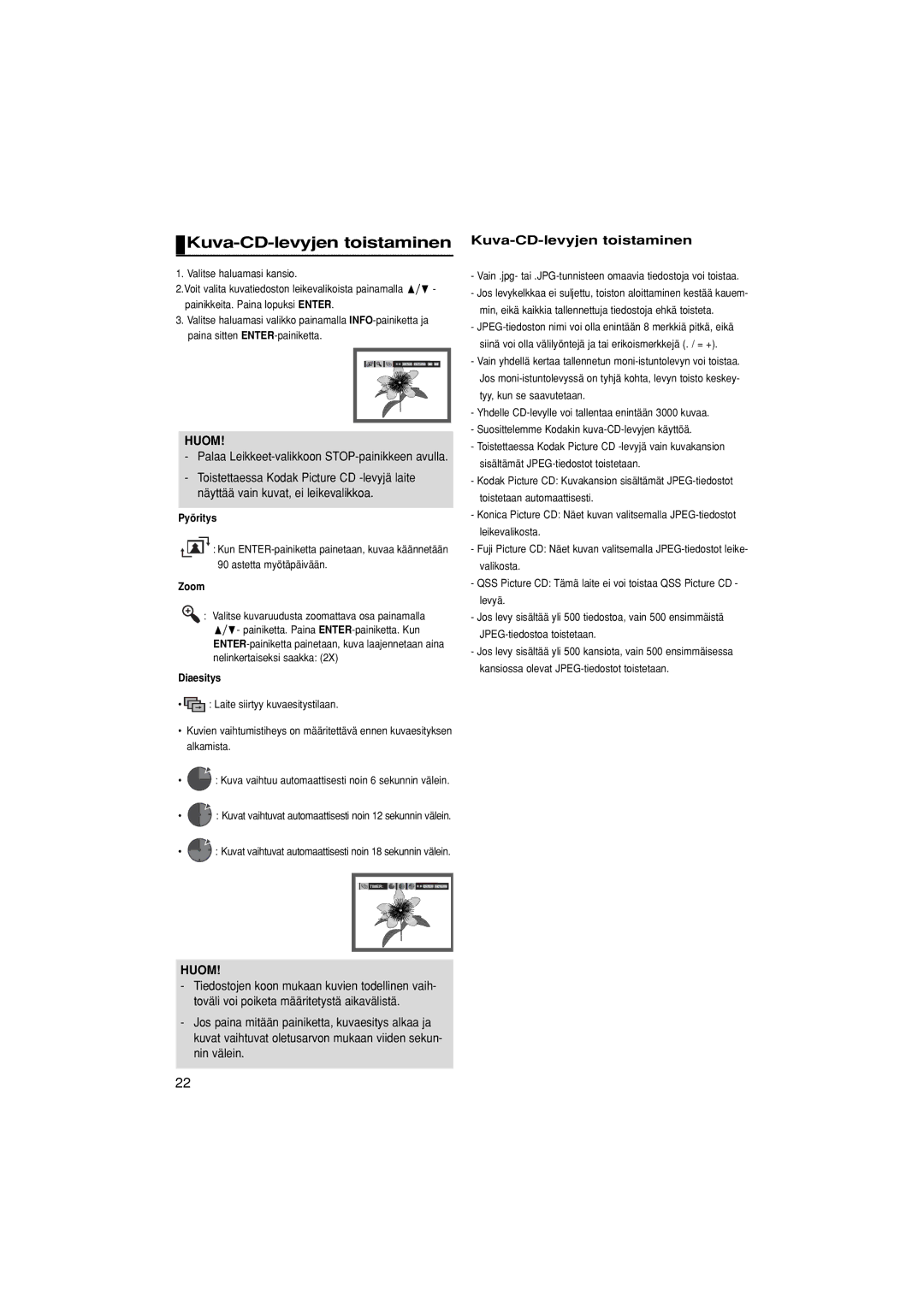 Samsung DVD-P380/XEE manual Kuva-CD-levyjen toistaminen, Pyöritys, Diaesitys 