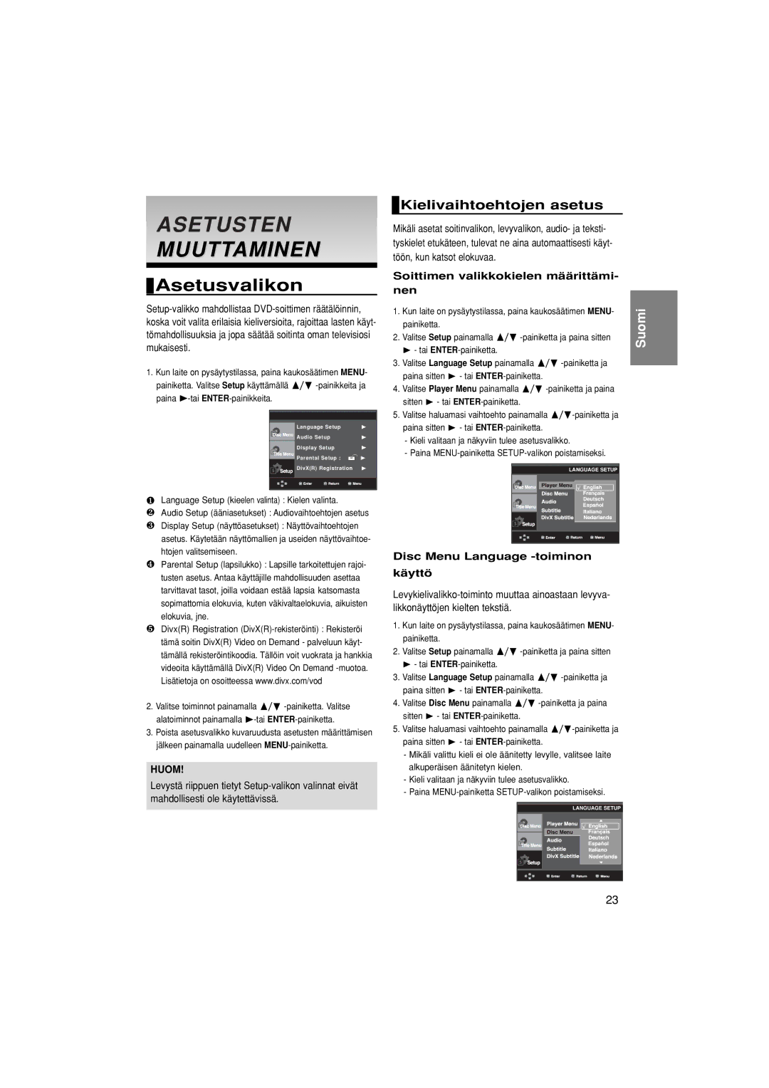 Samsung DVD-P380/XEE manual Muuttaminen, Kielivaihtoehtojen asetus, Soittimen valikkokielen määrittämi- nen 