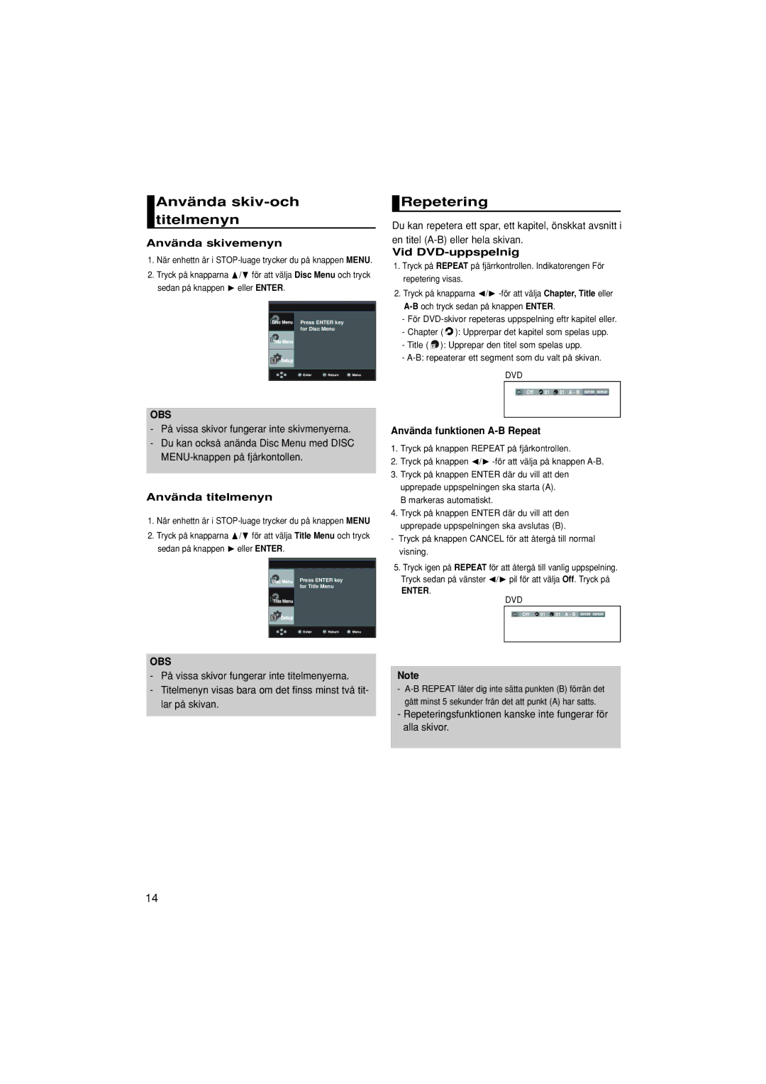 Samsung DVD-P380/XEE manual Använda skiv-och titelmenyn, Repetering 