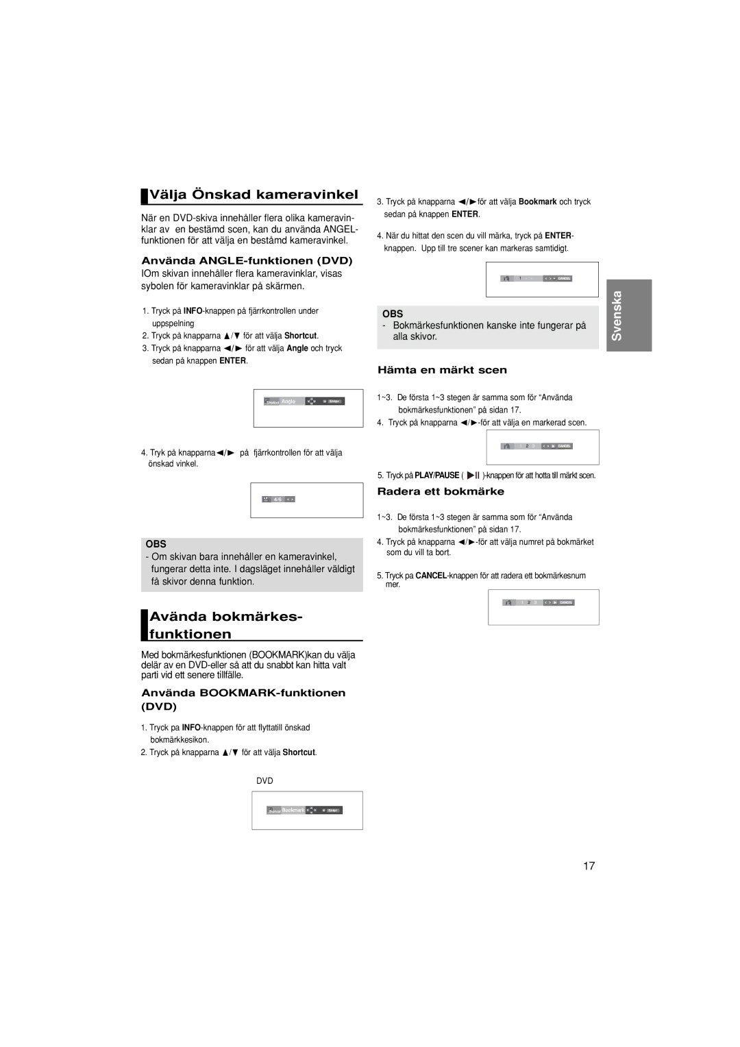 Samsung DVD-P380/XEE manual Välja Önskad kameravinkel, Avända bokmärkes- funktionen 