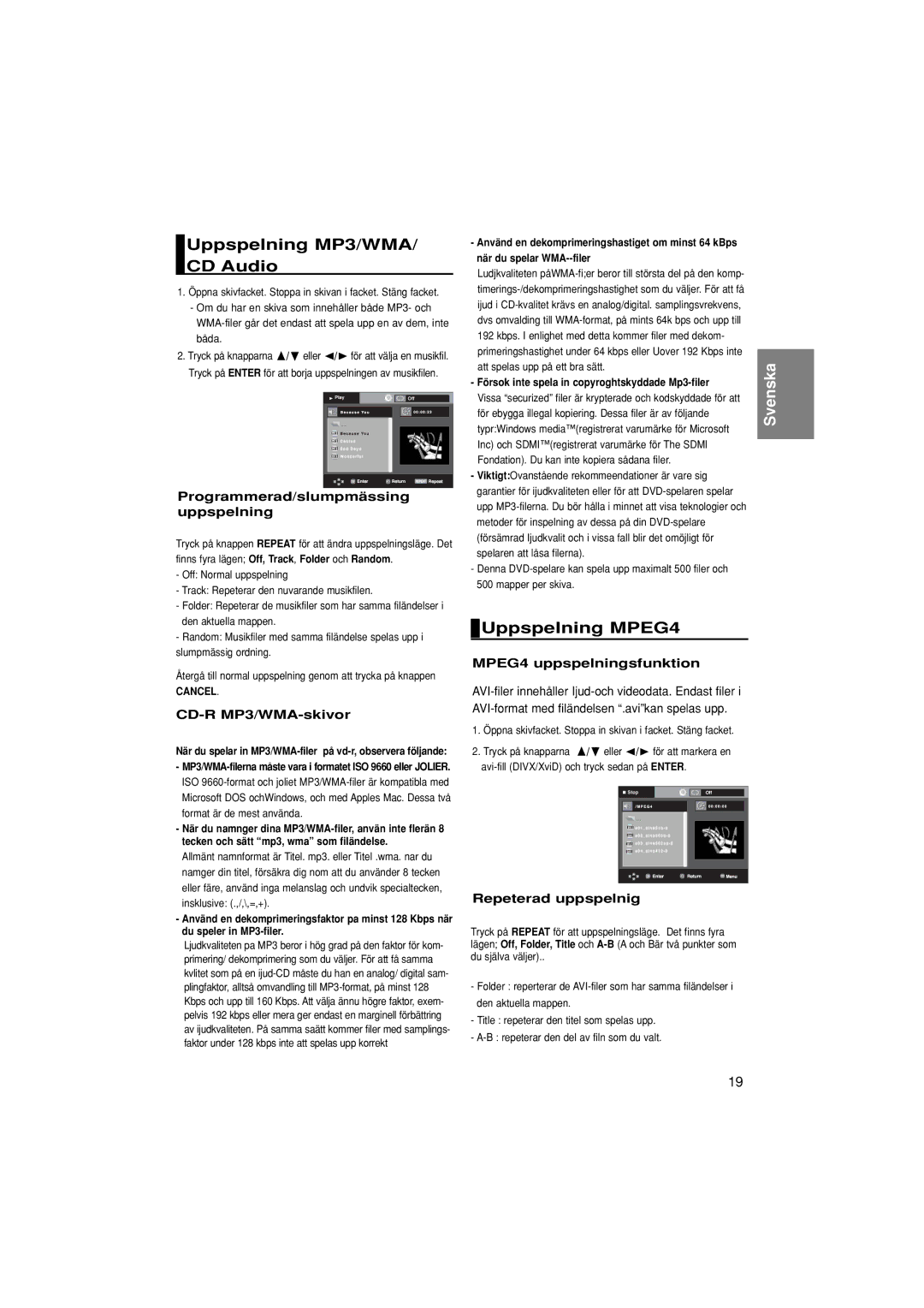 Samsung DVD-P380/XEE manual Uppspelning MP3/WMA/ CD Audio, Uppspelning MPEG4 