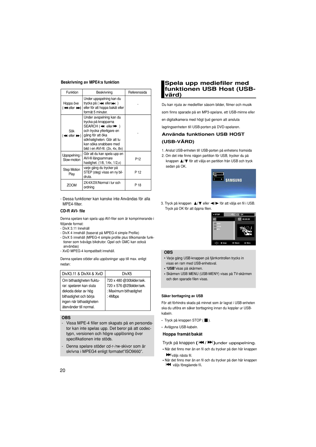 Samsung DVD-P380/XEE Spela upp mediefiler med funktionen USB Host USB- värd, Beskrivning av MPE4s funktion, CD-R AVI- file 