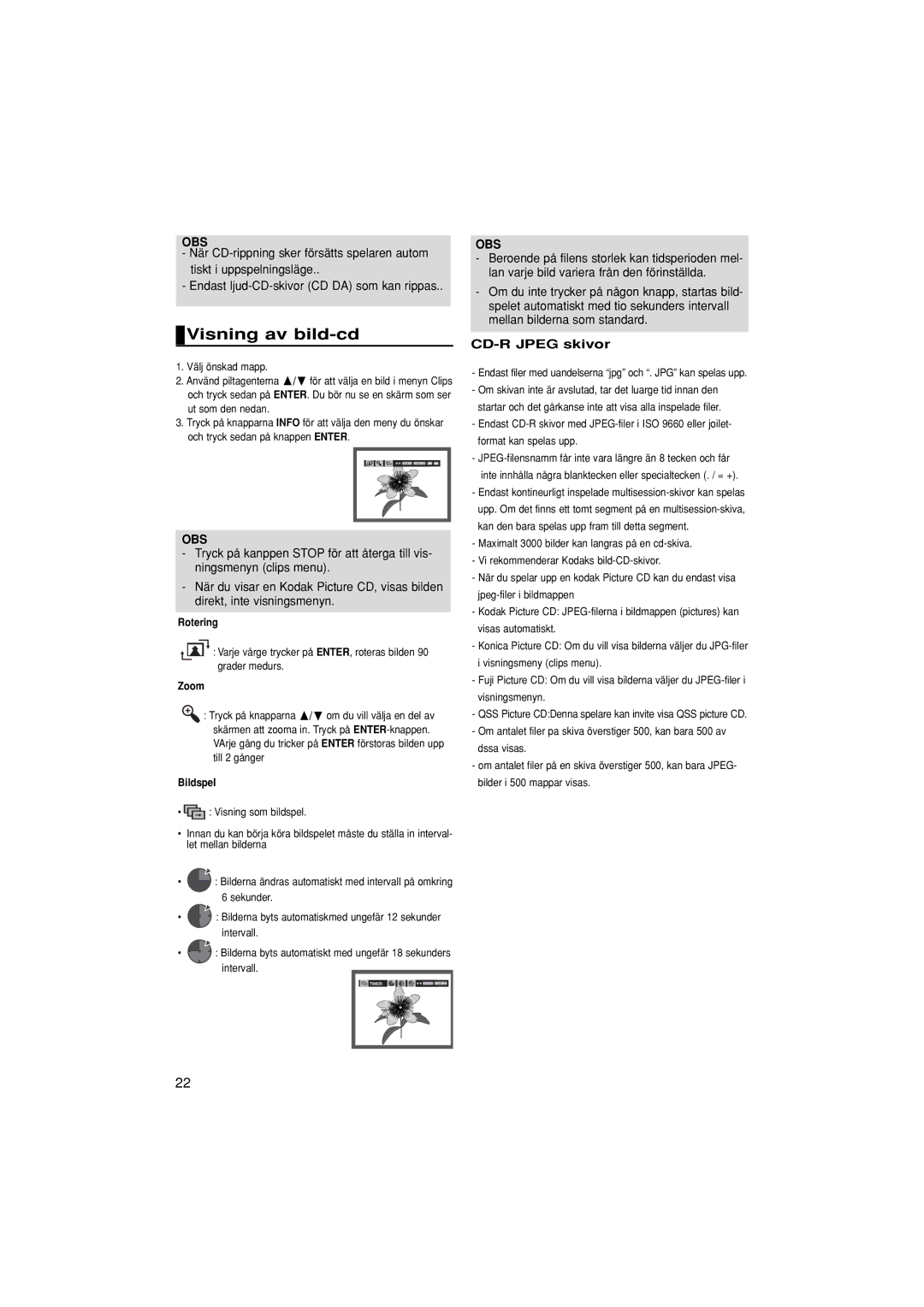 Samsung DVD-P380/XEE manual Visning av bild-cd, CD-R Jpeg skivor, Rotering, Zoom, Bildspel 