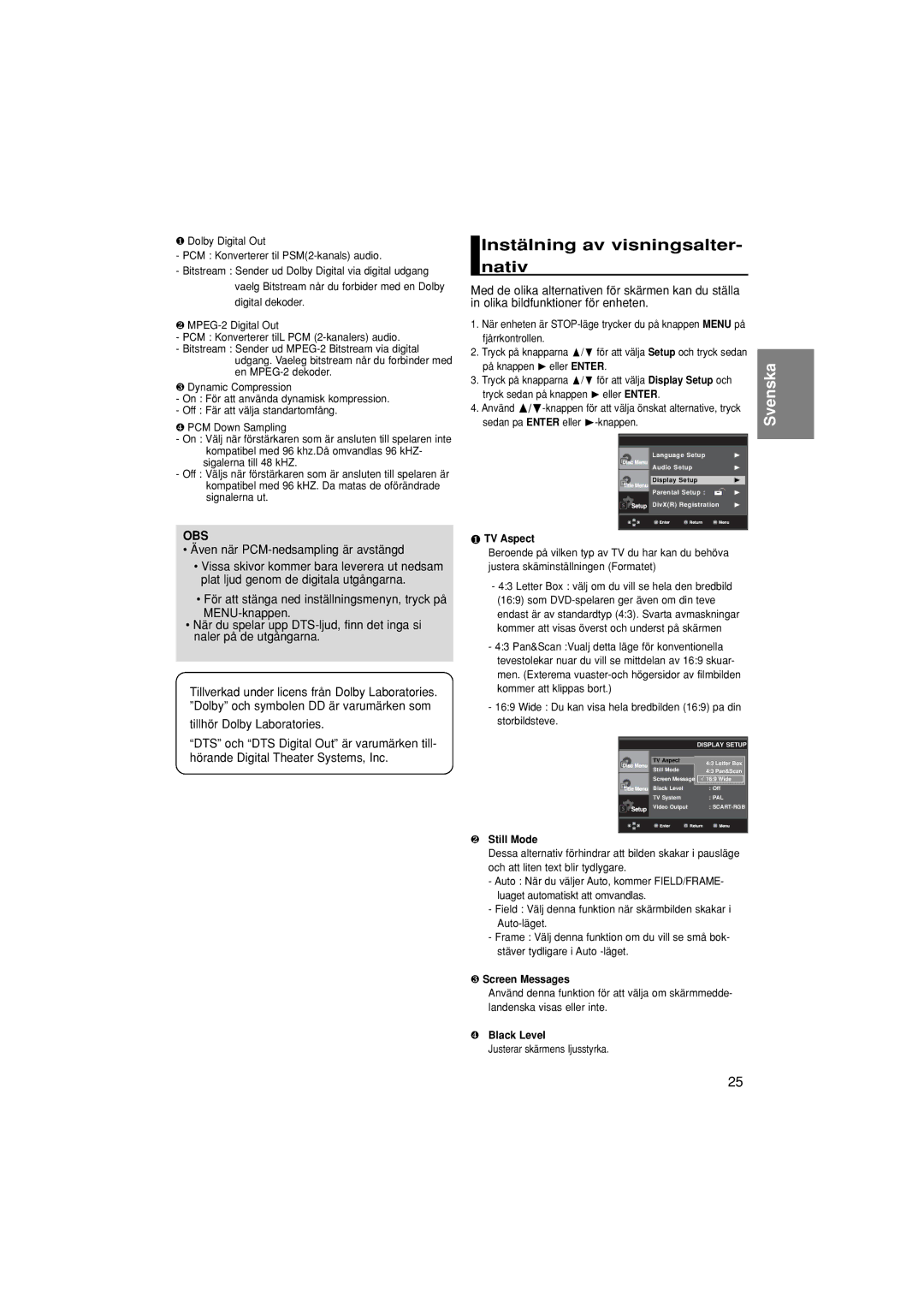 Samsung DVD-P380/XEE manual Instälning av visningsalter- nativ, Även när PCM-nedsampling är avstängd 