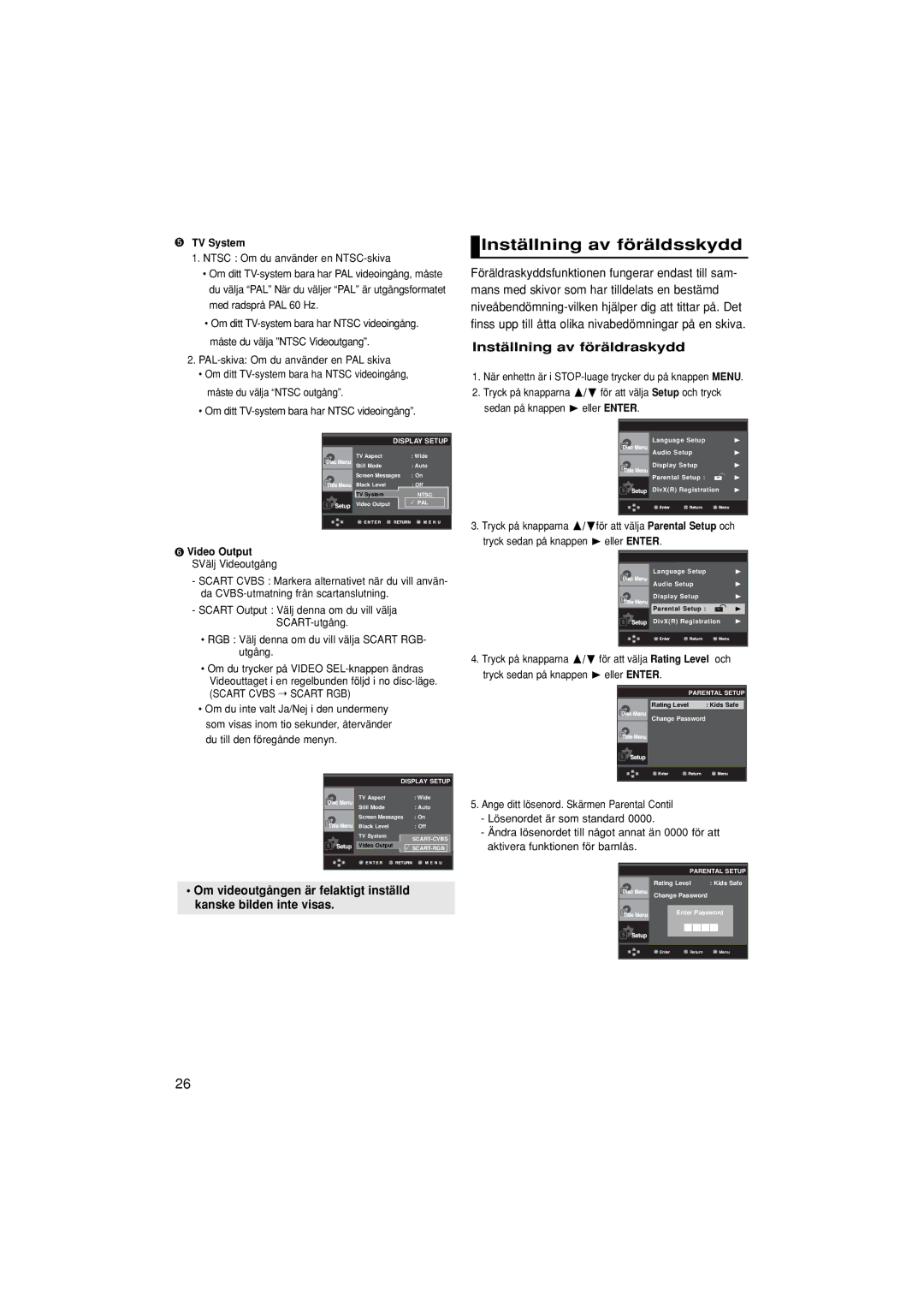 Samsung DVD-P380/XEE manual Inställning av föräldsskydd, Inställning av föräldraskydd, ➎ TV System 