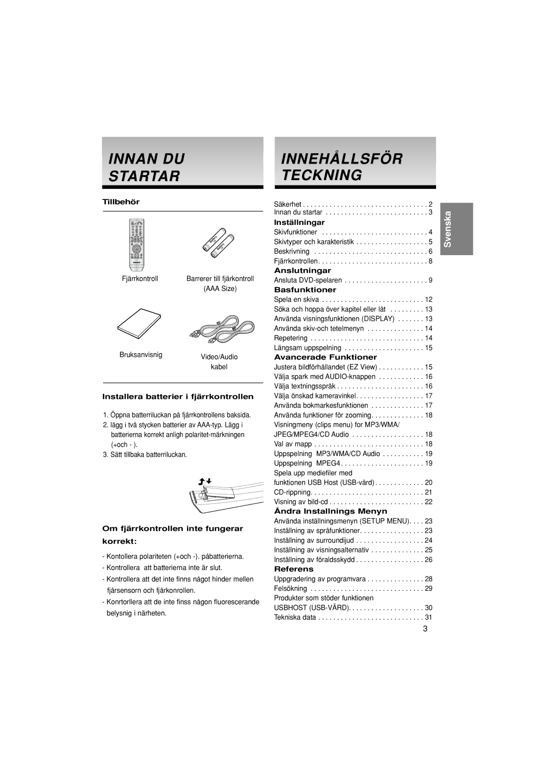 Samsung DVD-P380/XEE manual Innan DU Startar, Innehållsför Teckning 