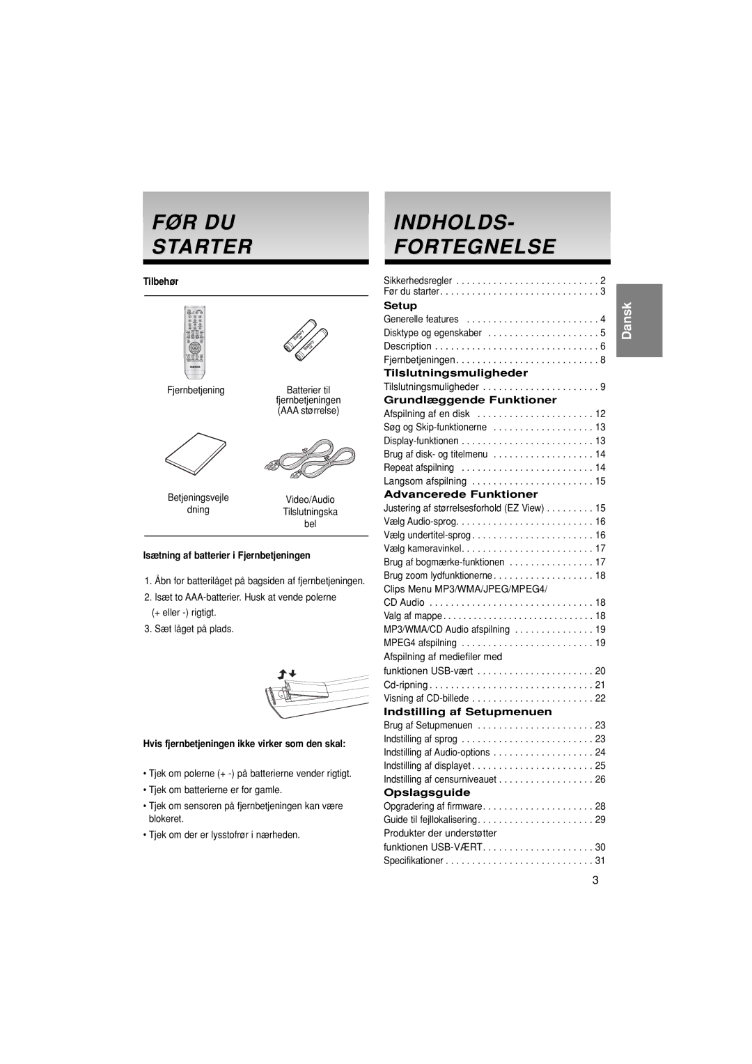 Samsung DVD-P380/XEE manual FØR DU Starter, Indholds Fortegnelse 