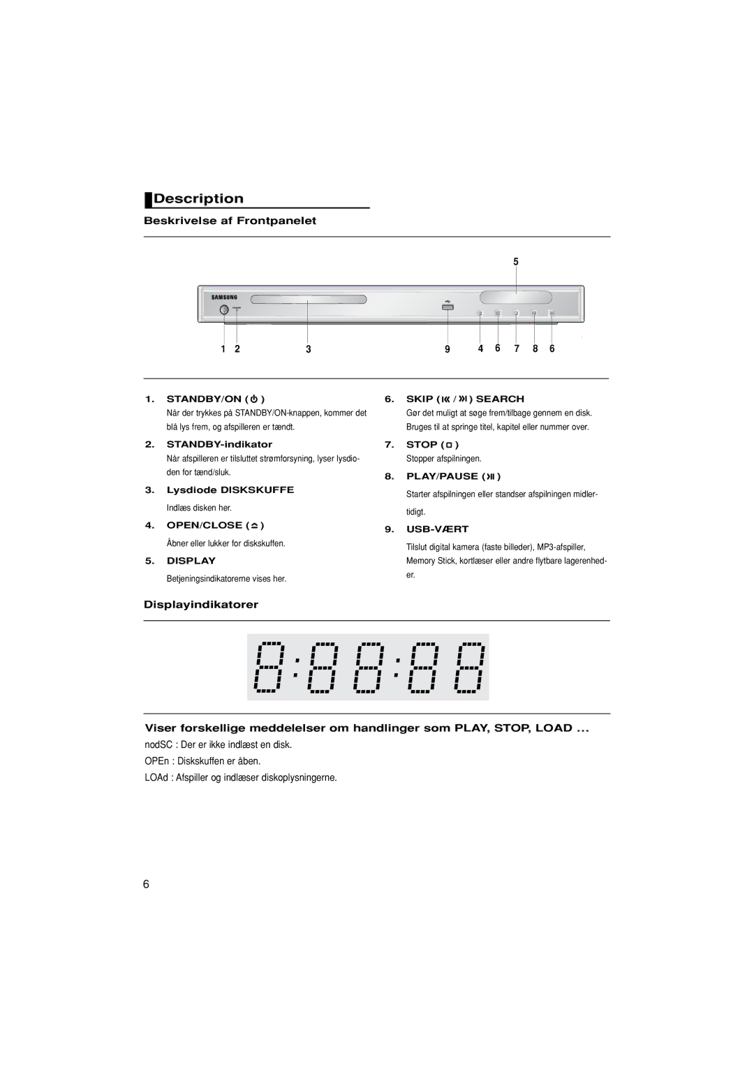 Samsung DVD-P380/XEE manual Description, Beskrivelse af Frontpanelet, Stop Stopper afspilningen PLAY/PAUSE 