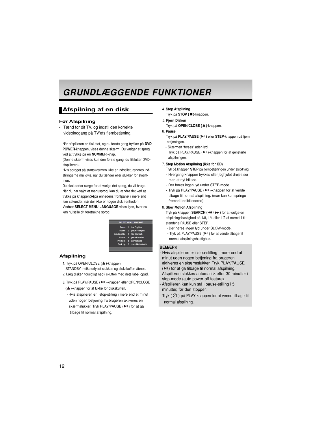 Samsung DVD-P380/XEE manual Grundlæggende Funktioner, Afspilning af en disk, Før Afspilning 