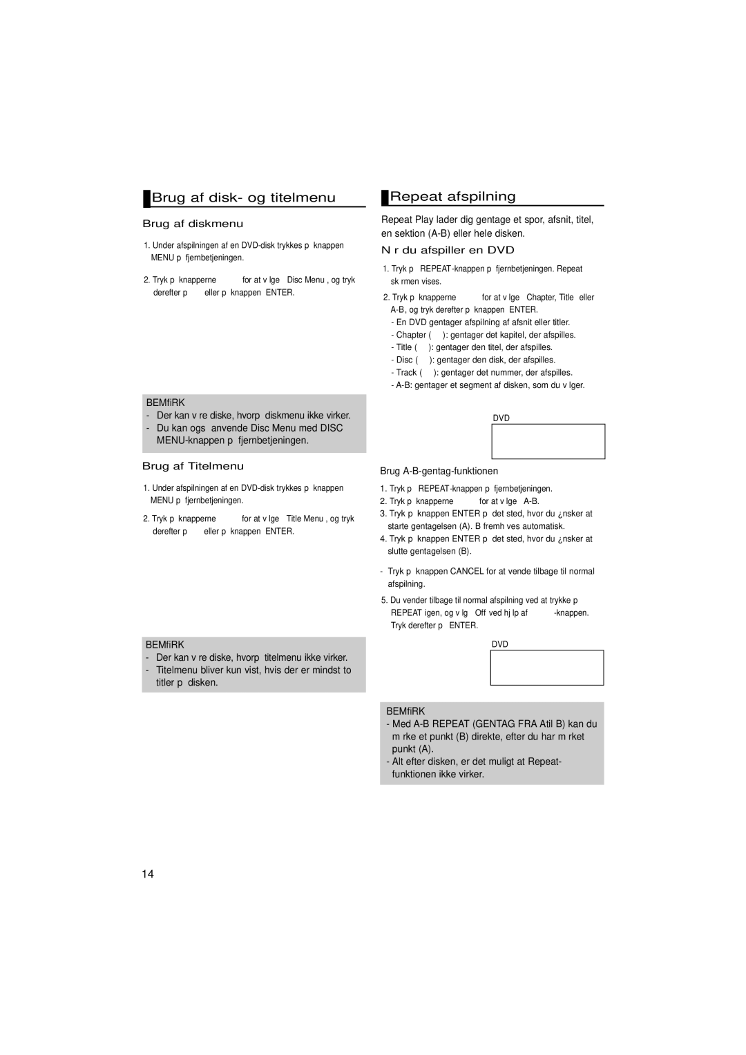 Samsung DVD-P380/XEE manual Brug af disk- og titelmenu, Repeat afspilning 