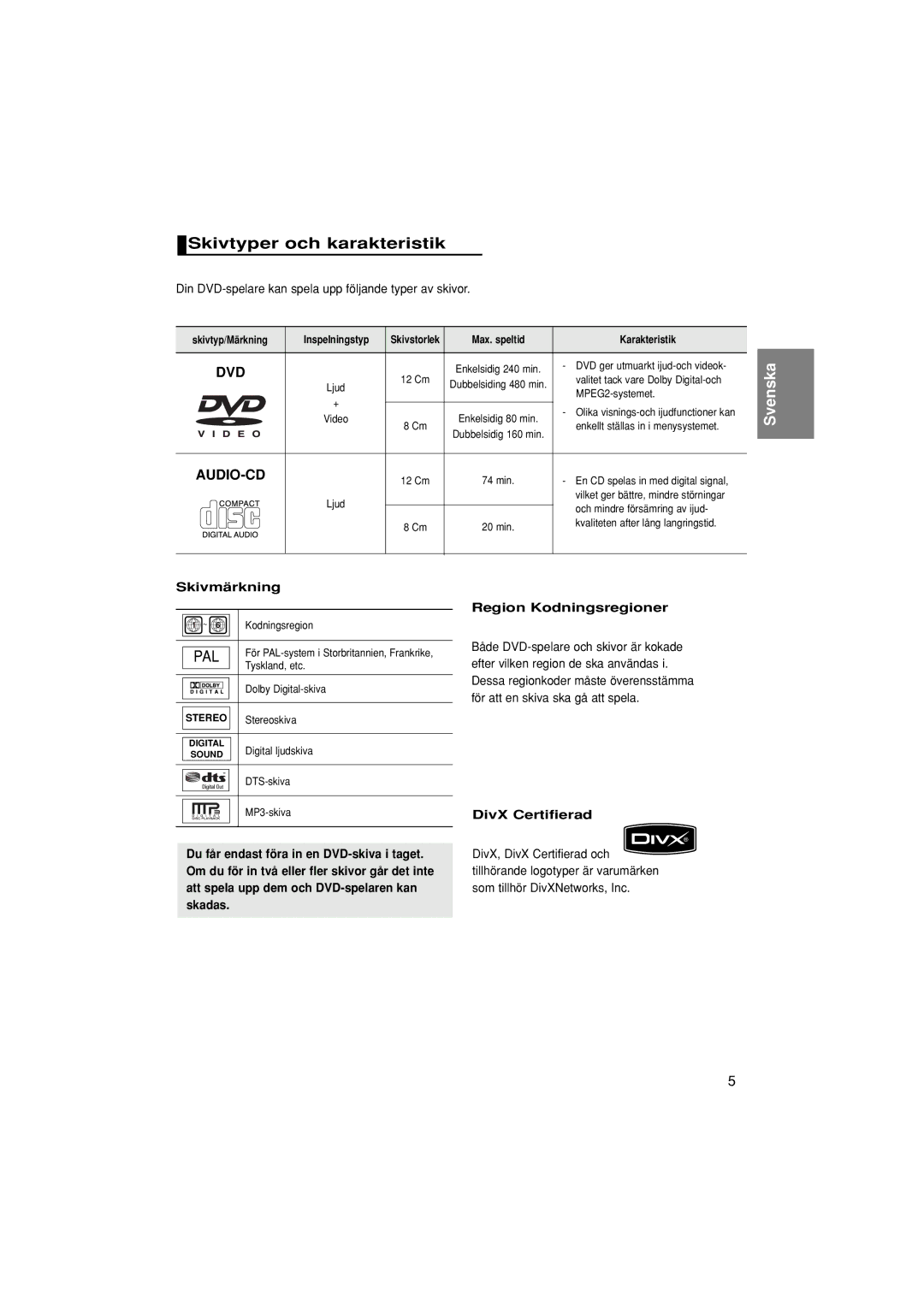 Samsung DVD-P380/XEE Skivtyper och karakteristik, Din DVD-spelare kan spela upp följande typer av skivor, Skivmärkning 